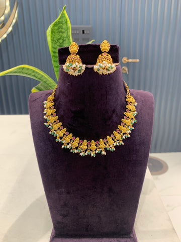 Beautiful Lakshmi Devi necklace set with pushback jumkis
