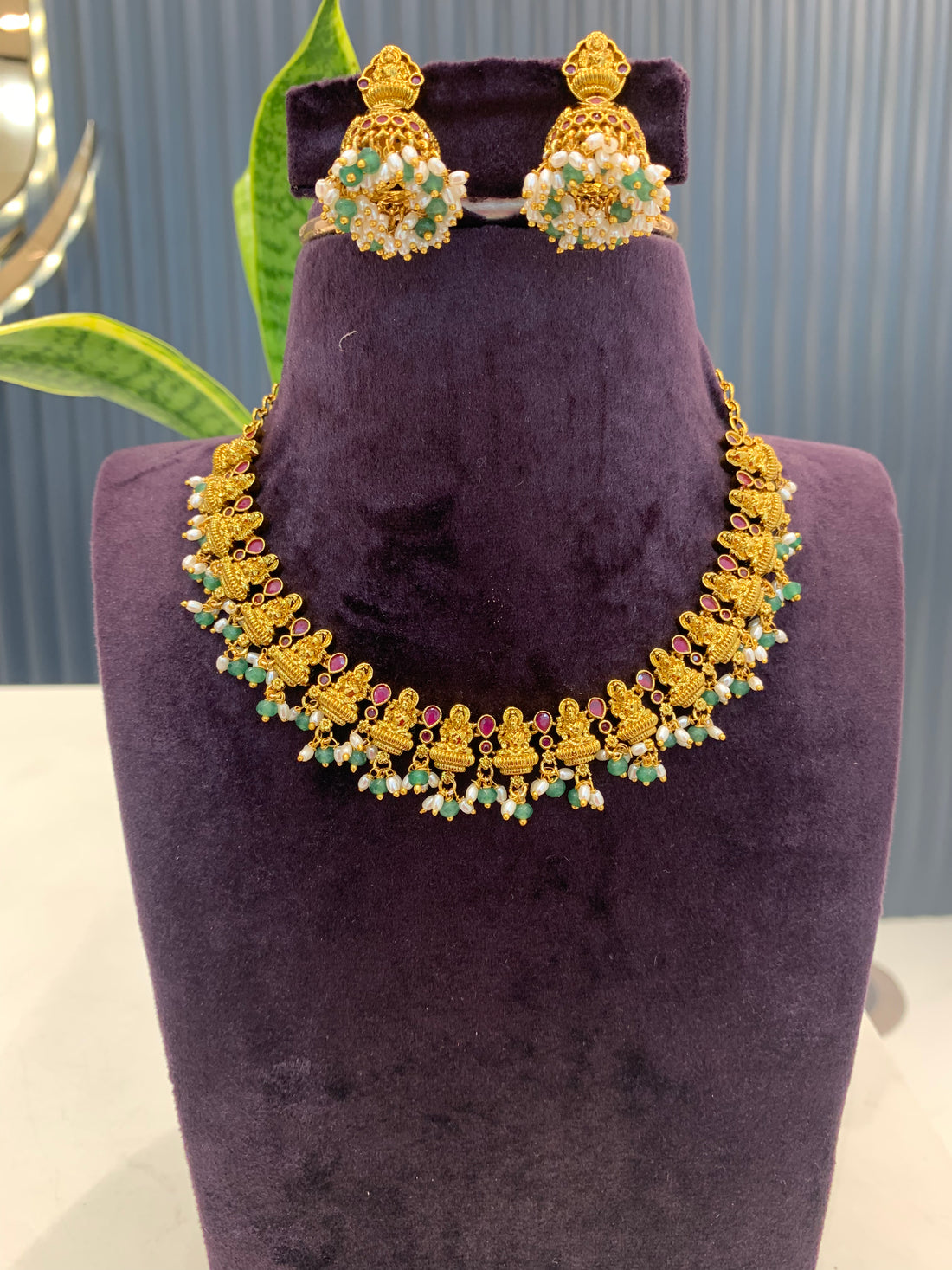 Beautiful Lakshmi Devi necklace set with pushback jumkis