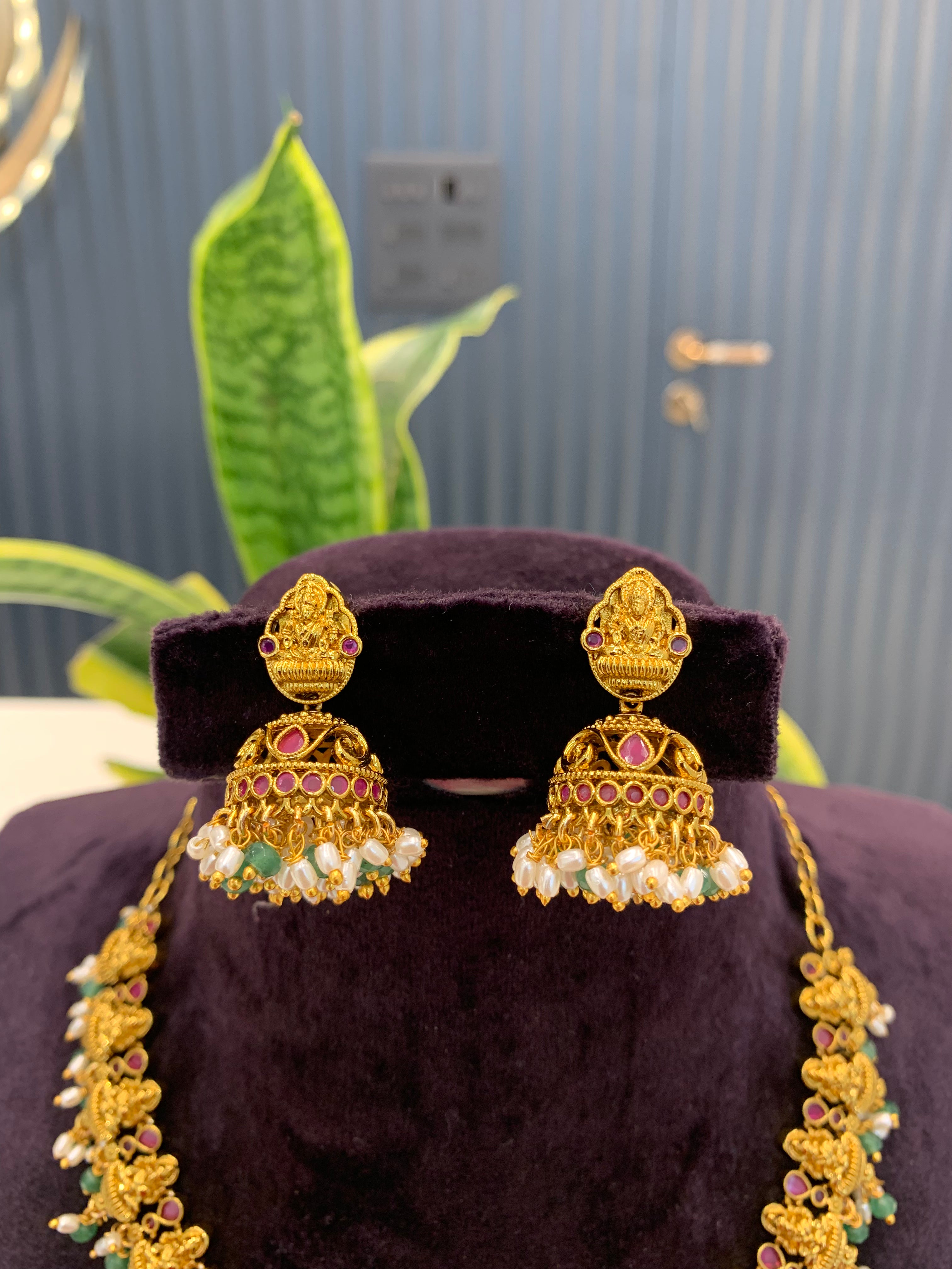 Beautiful Lakshmi Devi necklace set with pushback jumkis