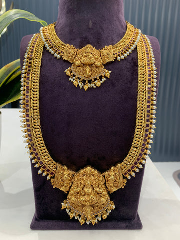 Beautiful combo Lakshmi pendant haram and necklace with hand making pearls and pushback jumkis