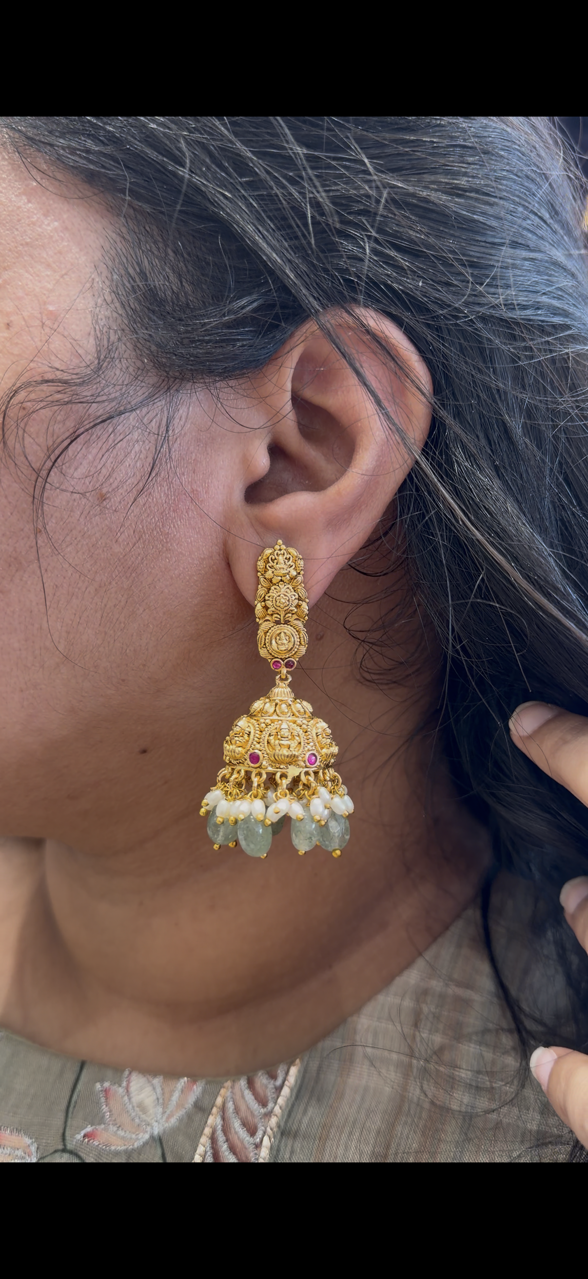 Beautiful aqua beads lakshmi devi jumkis with push back