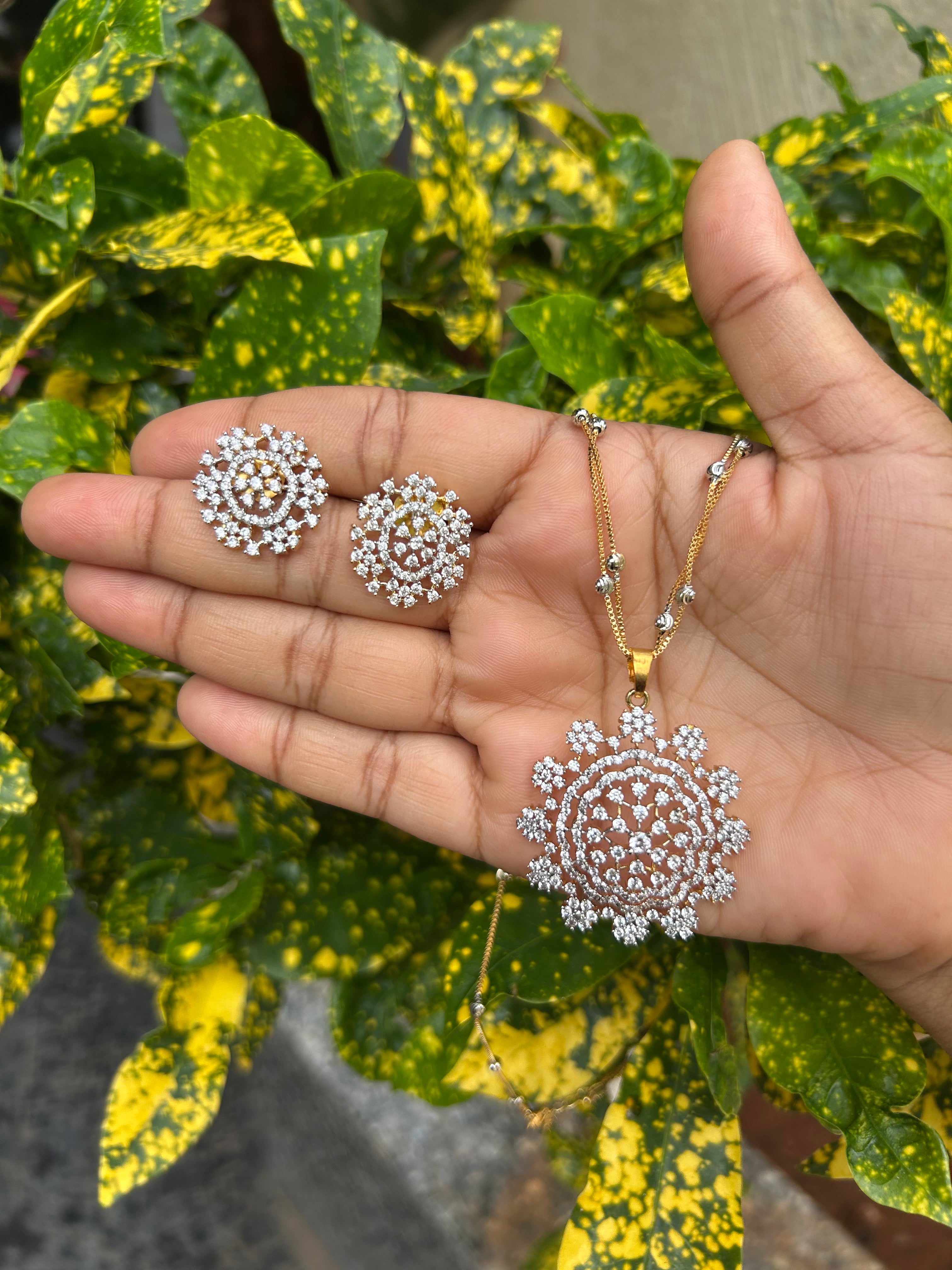Beautiful white stones pendant set with 2 layers silver balls chain 18 inchs long