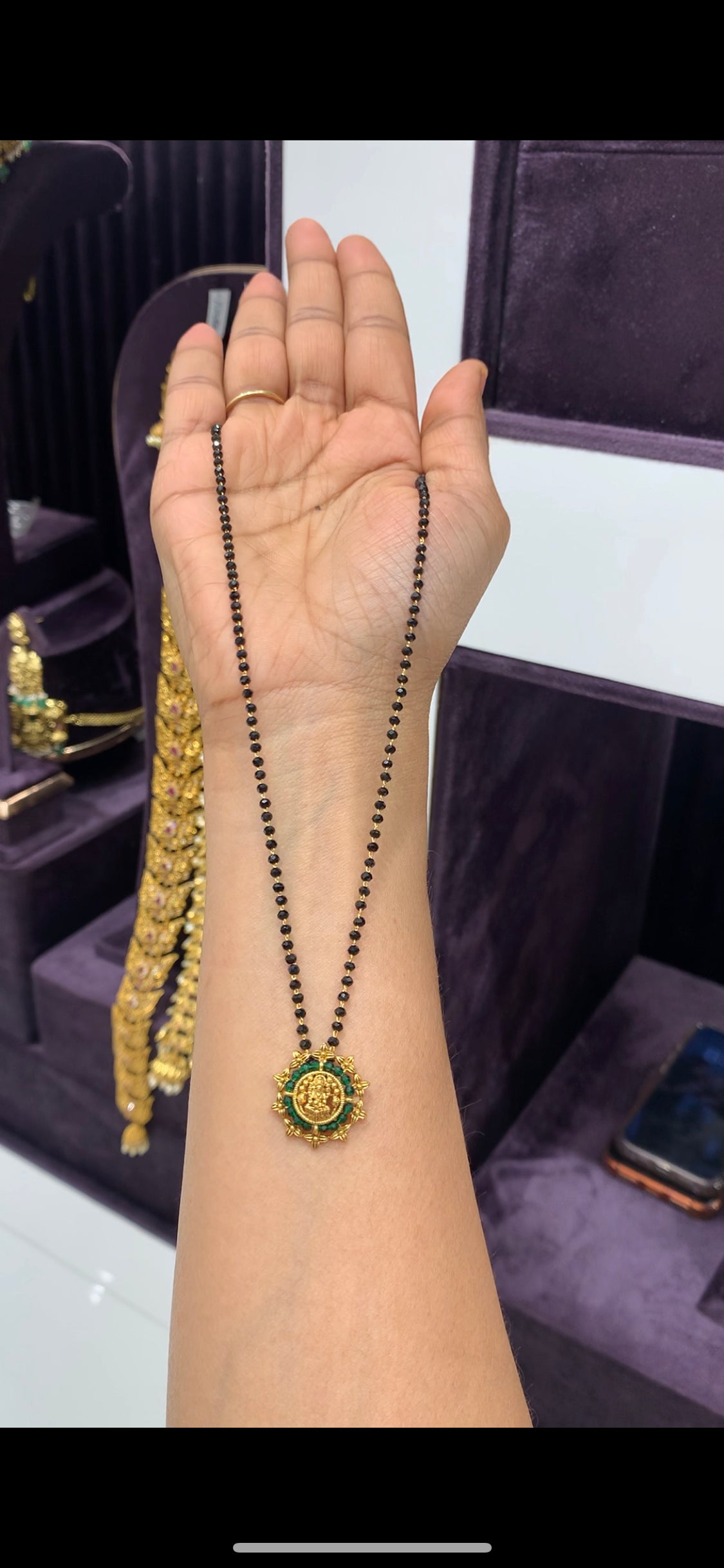Beautiful Lakshmi devi pendant with black beads chain 18 inchs