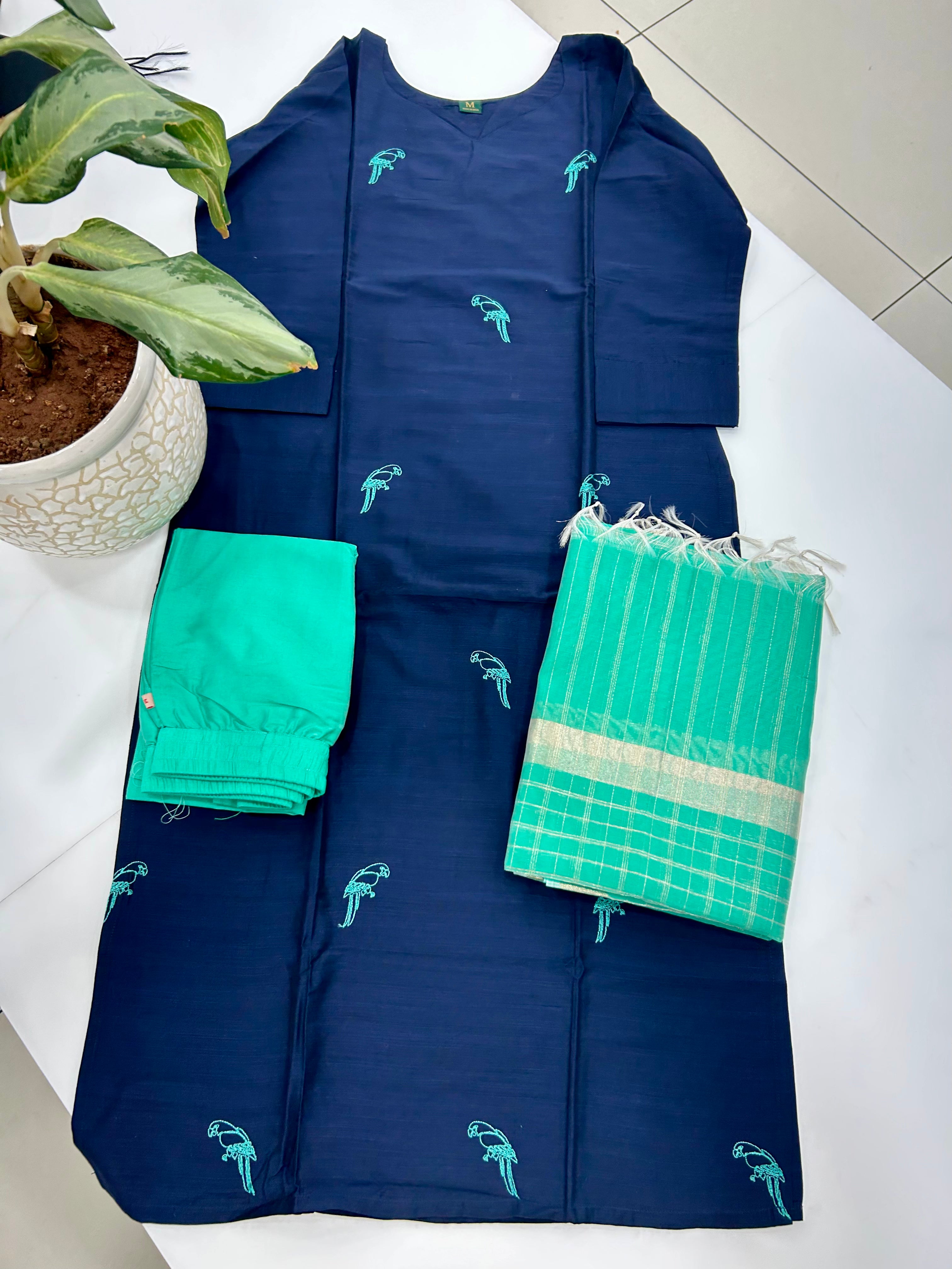 Raw silk straight cut 3-piece set