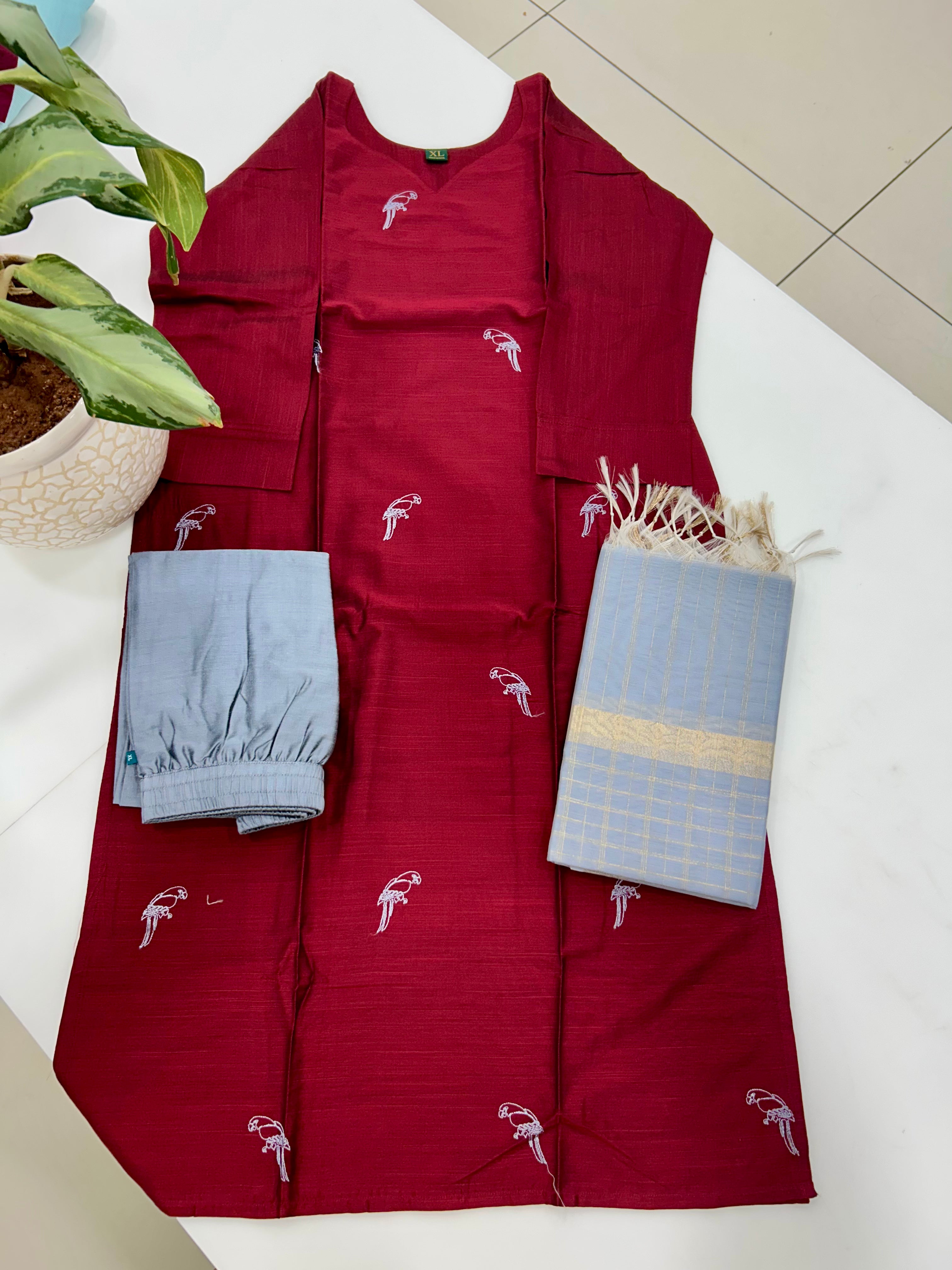 Raw silk straight cut 3-piece set