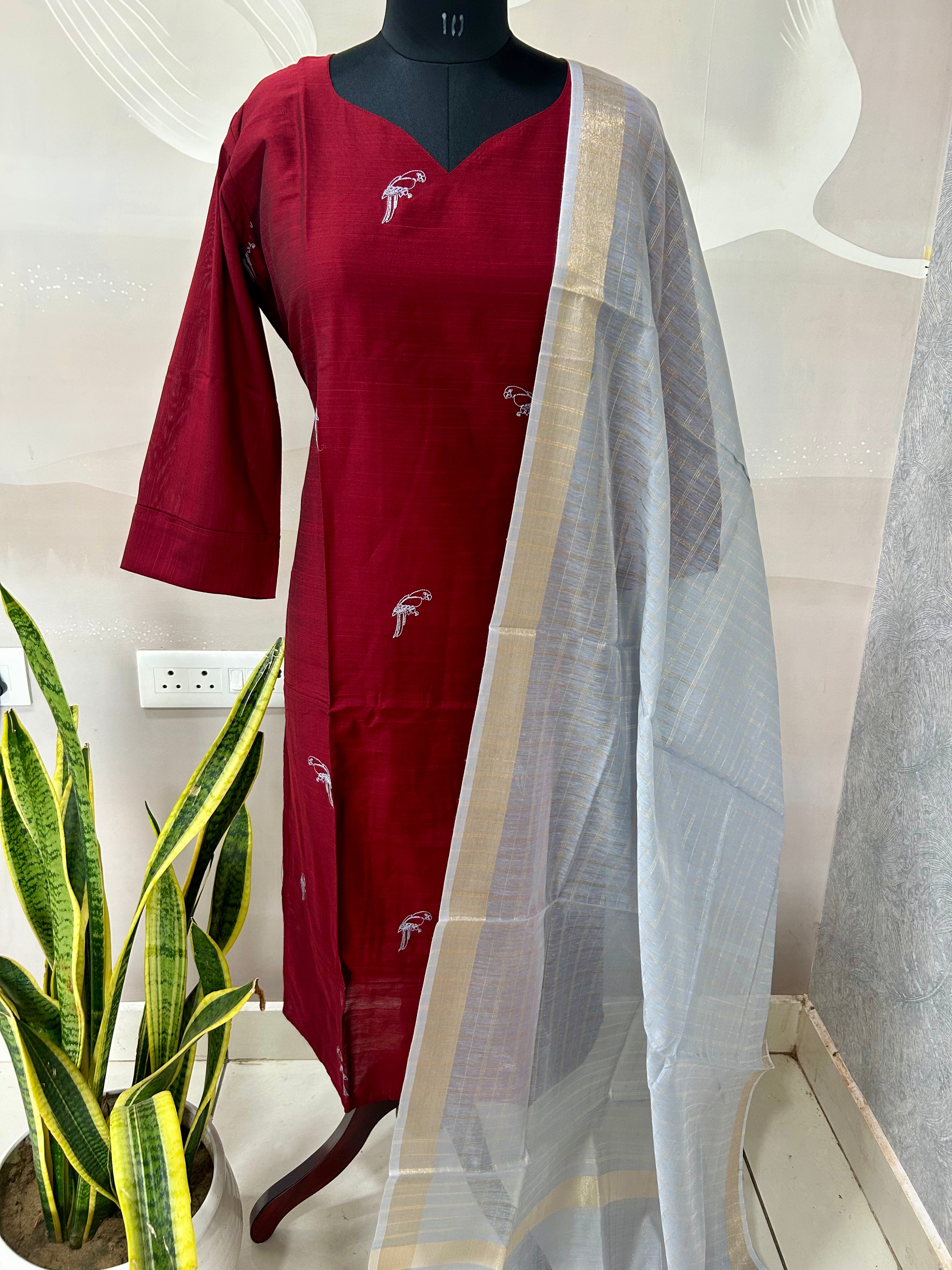 Raw silk straight cut 3-piece set