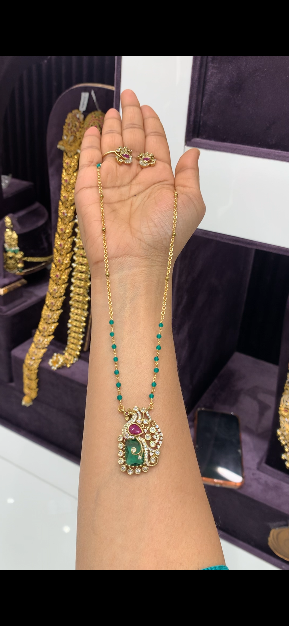 Beautiful peacock  pendant set  with hand making Chandraharam and beads chain 18 inchs
