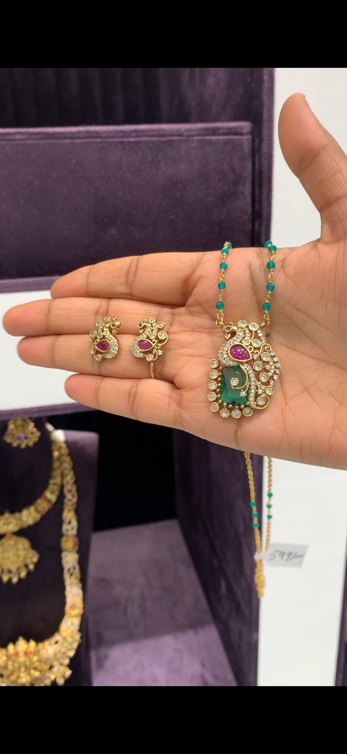 Beautiful peacock  pendant set  with hand making Chandraharam and beads chain 18 inchs