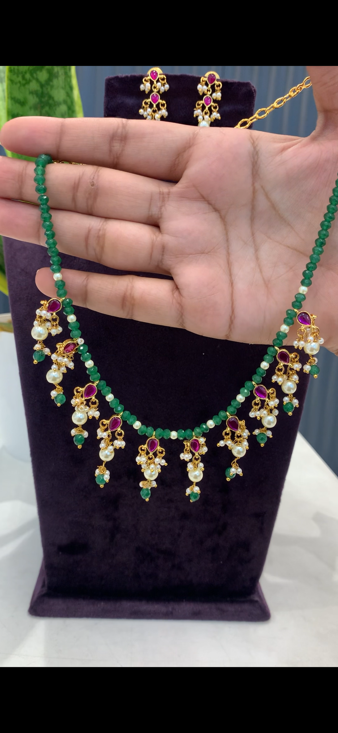 Beautiful green beads chokar with Jadau Kundan dropping lockets