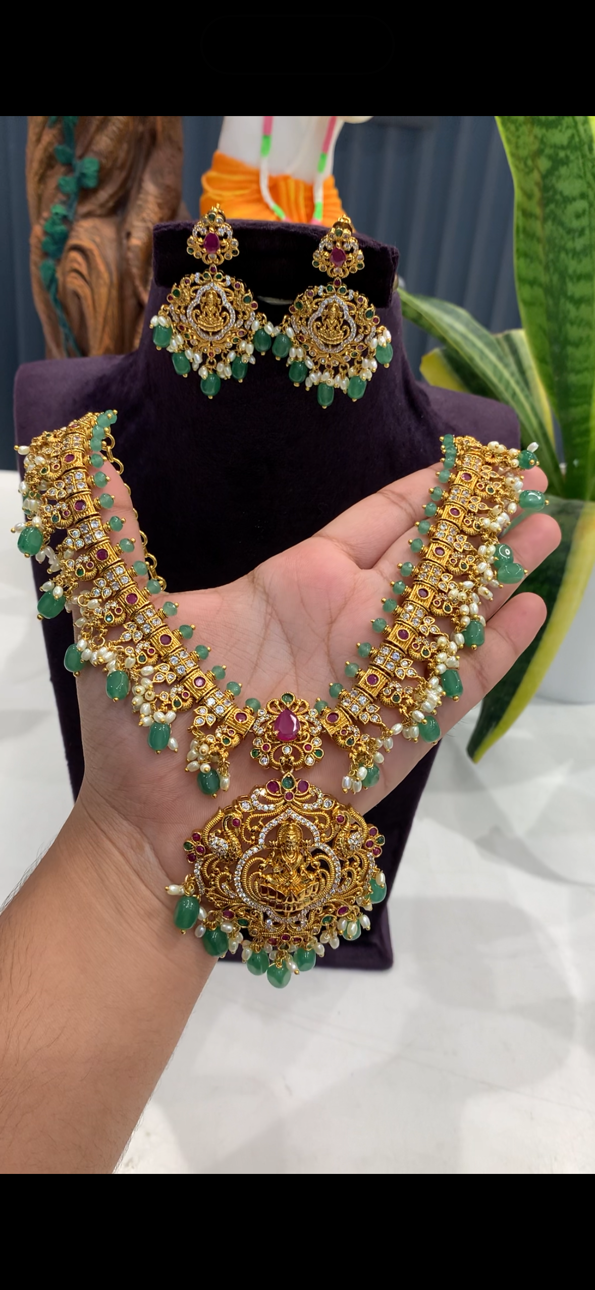 Beautiful Lakshmi devi pendant  necklace set with pushback earrings