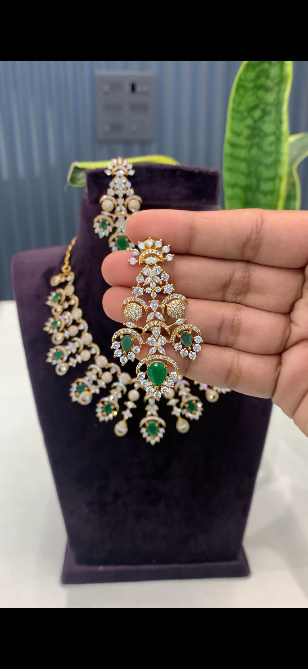 Beautiful CZ white stone necklace set with pushback earrings