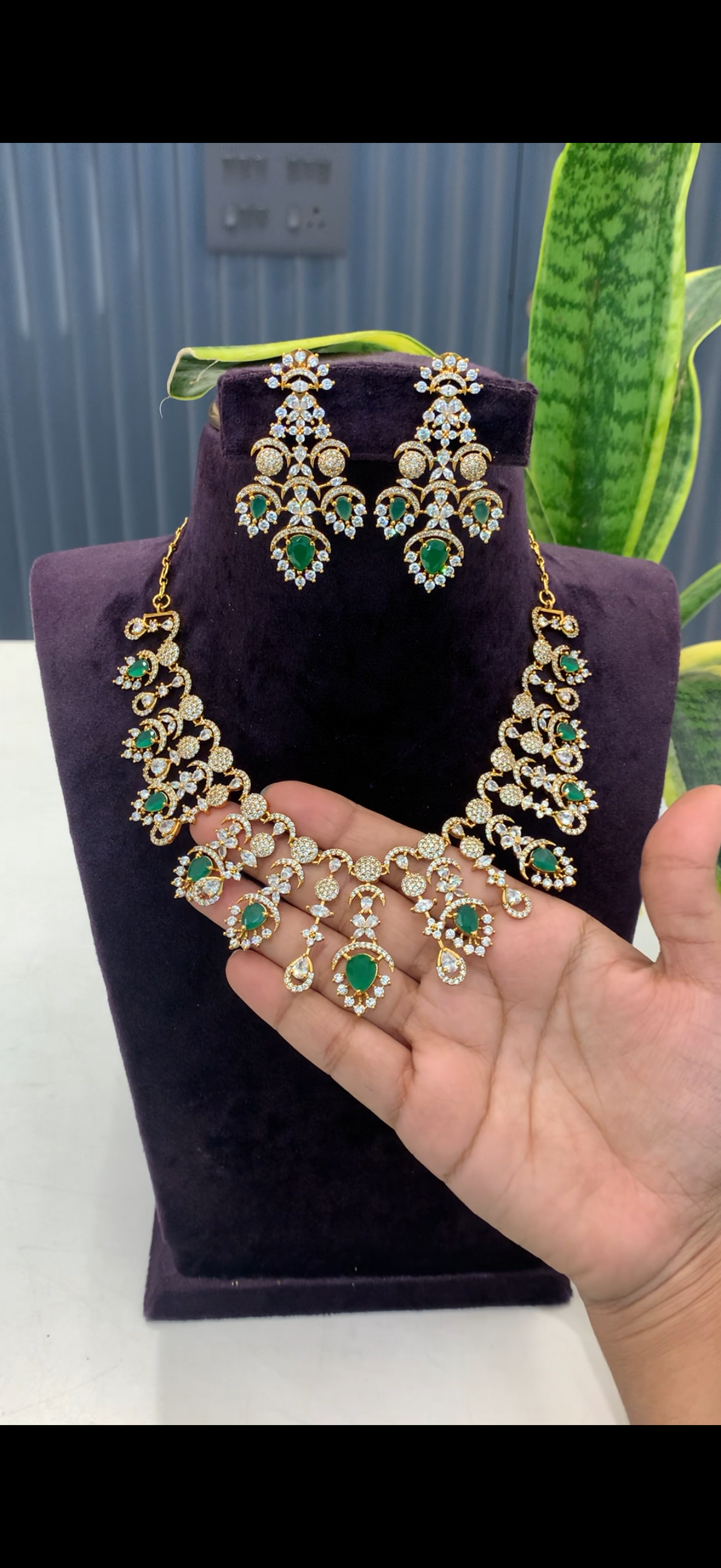 Beautiful CZ white stone necklace set with pushback earrings