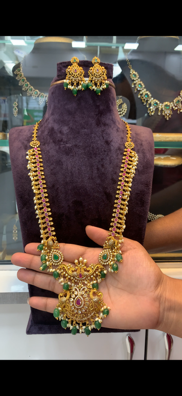 Beautiful pota stone peacock pendant haram with pushback earrings