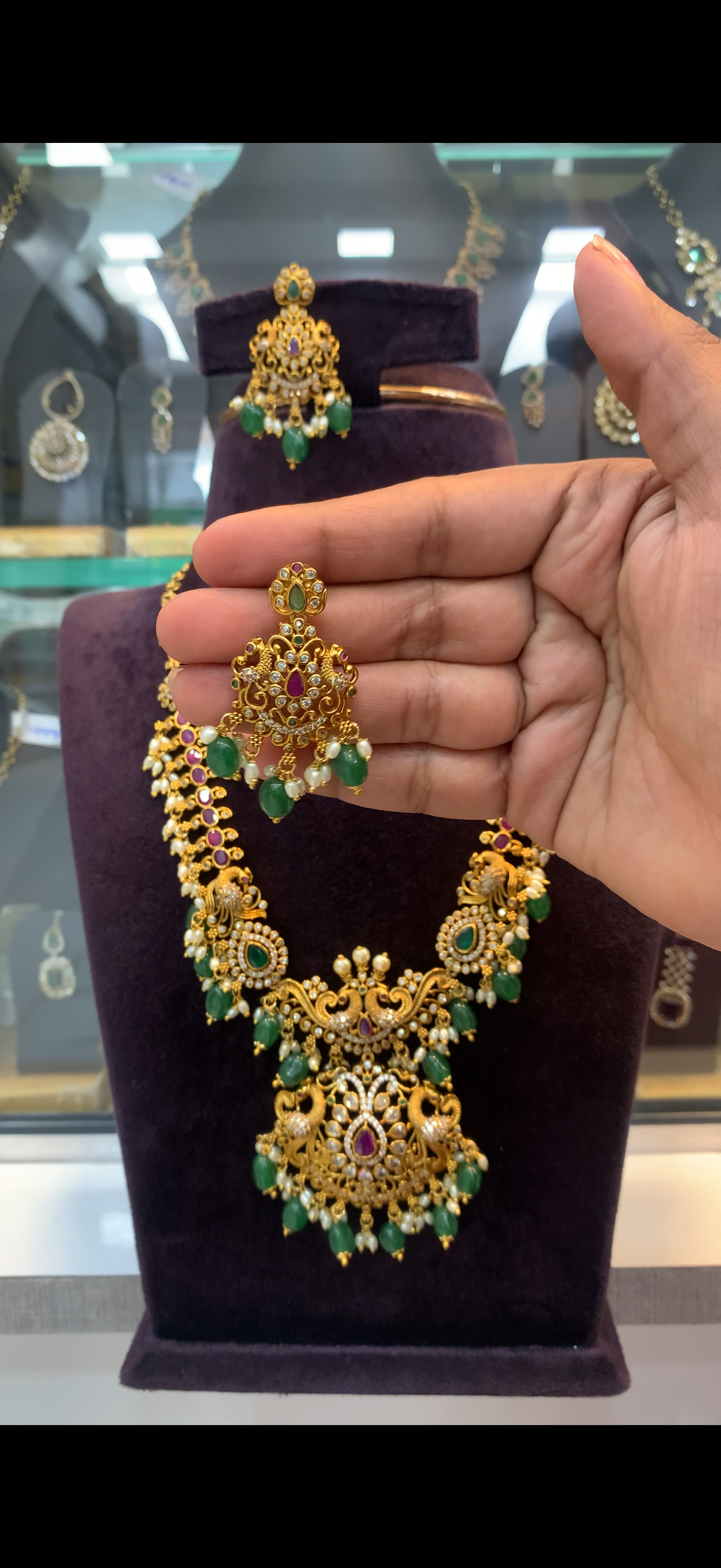 Beautiful pota stone peacock pendant haram with pushback earrings
