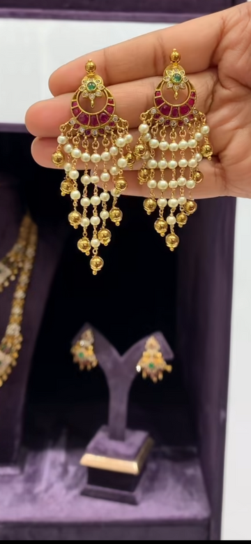 Beautiful Jadau stone white pearls  earrings with pushback