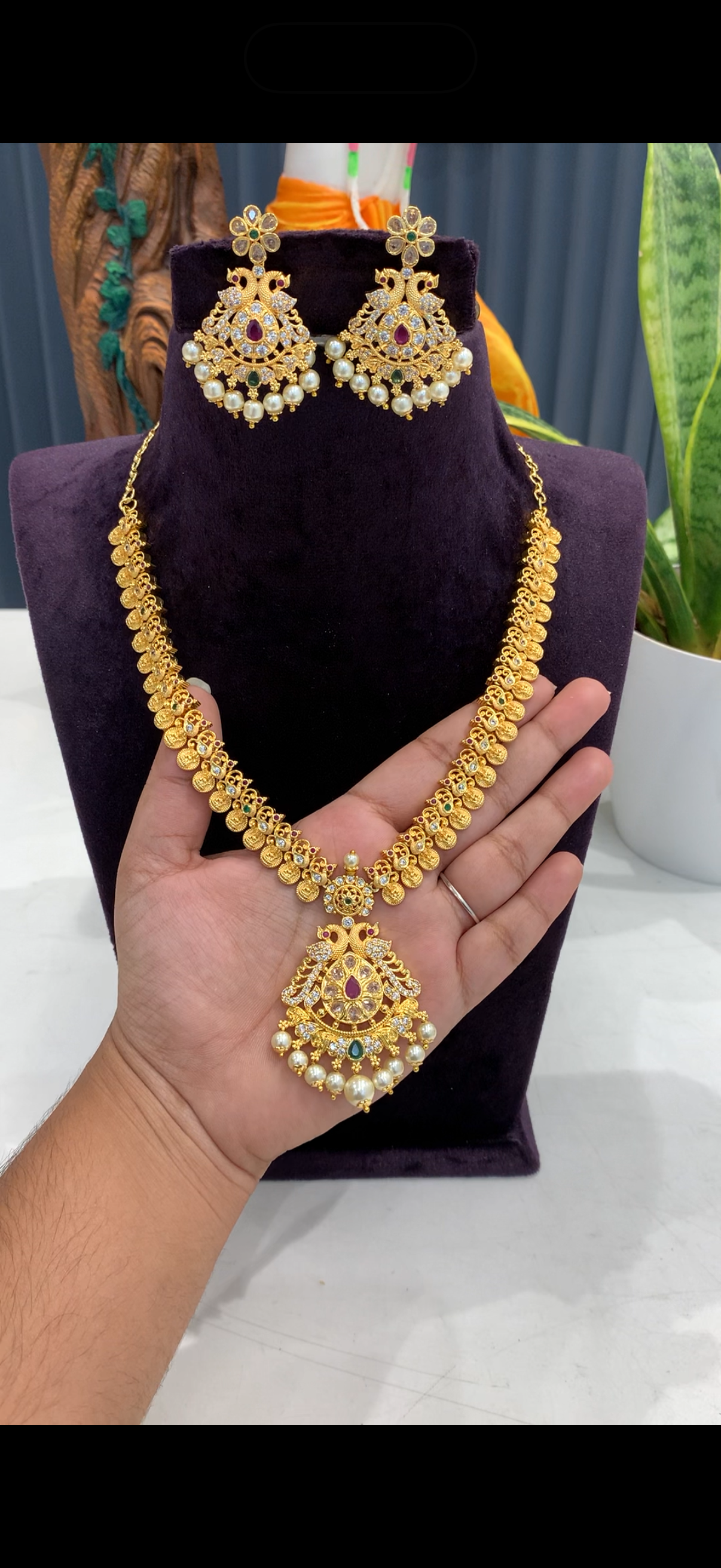 Beautiful peacock design kasula Peru necklace with pushback earrings
