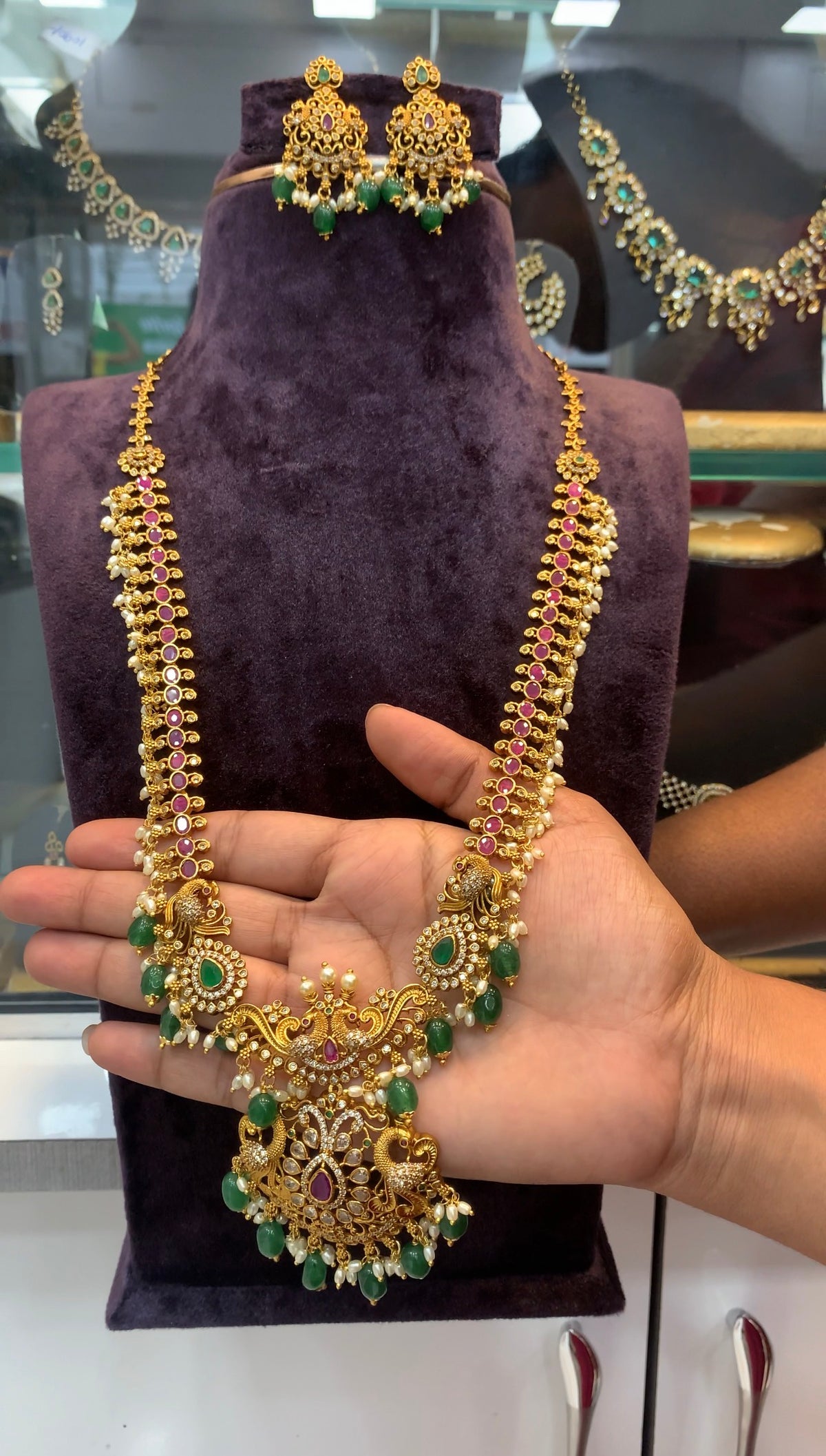 Beautiful pota stone peacock pendant haram with pushback earrings