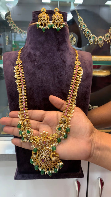 Beautiful pota stone peacock pendant haram with pushback earrings