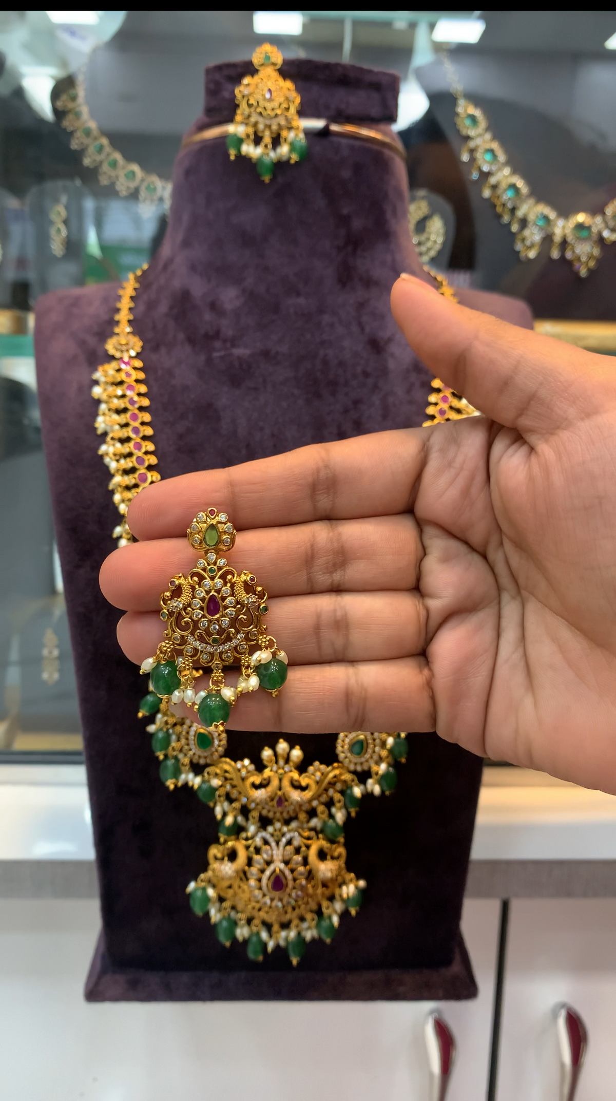 Beautiful pota stone peacock pendant haram with pushback earrings