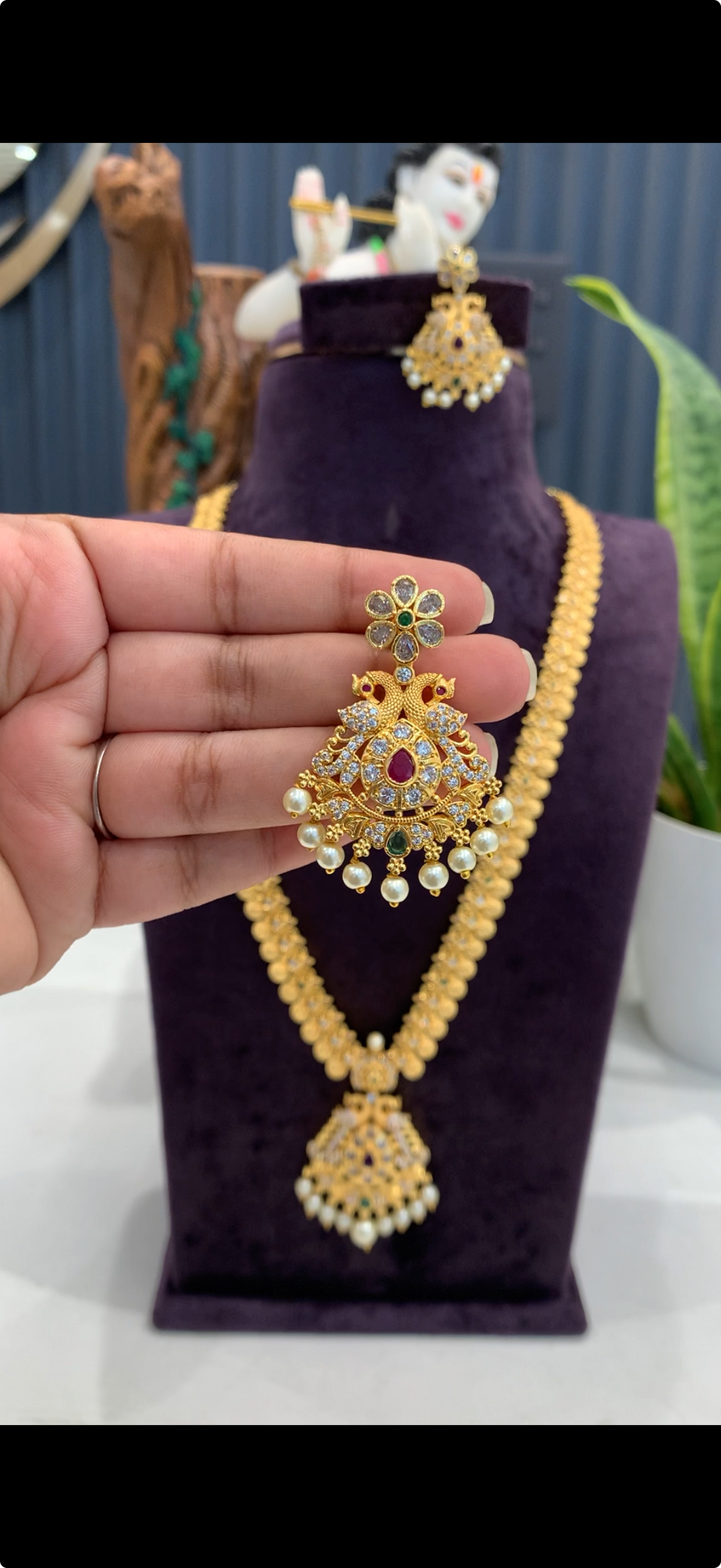 Beautiful peacock design kasula  haram with pushback earrings