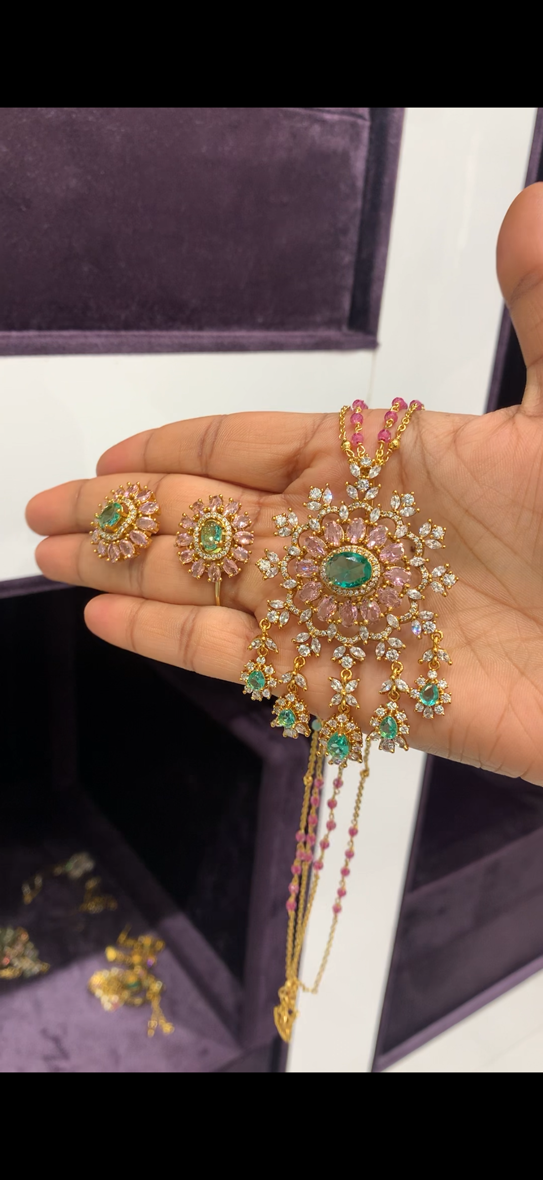 Beautiful Diamond Replica pendant set with Chandraharam and crystal beads handmaking chain 18 inchs long