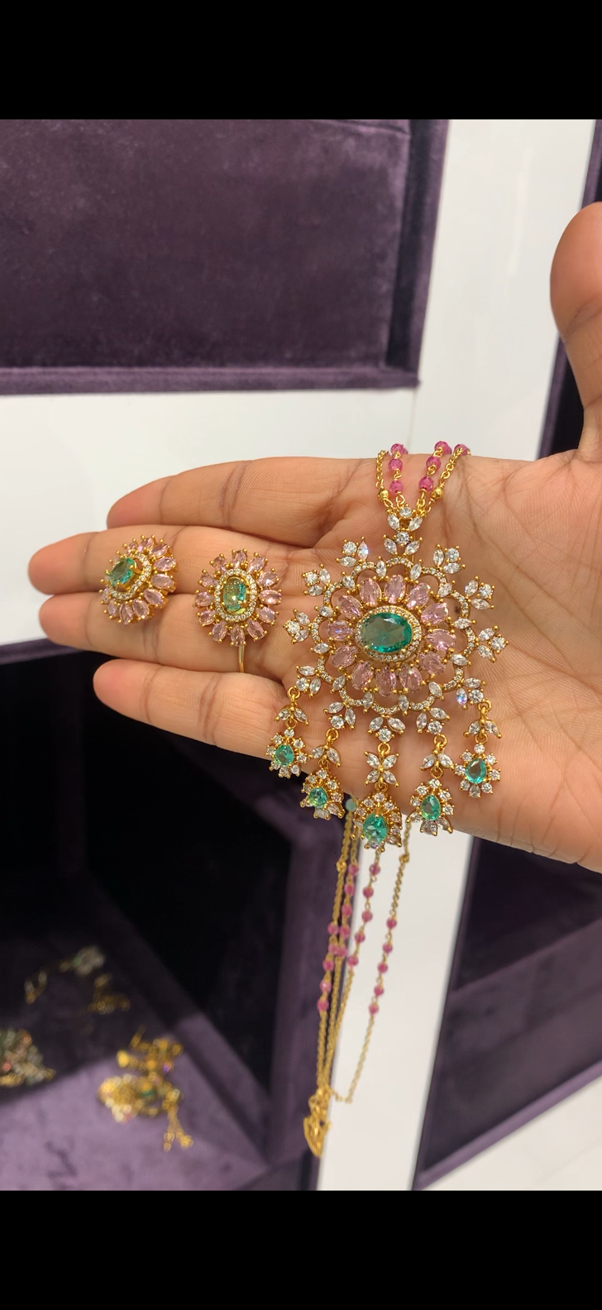 Beautiful Diamond Replica pendant set with Chandraharam and crystal beads handmaking chain 18 inchs long