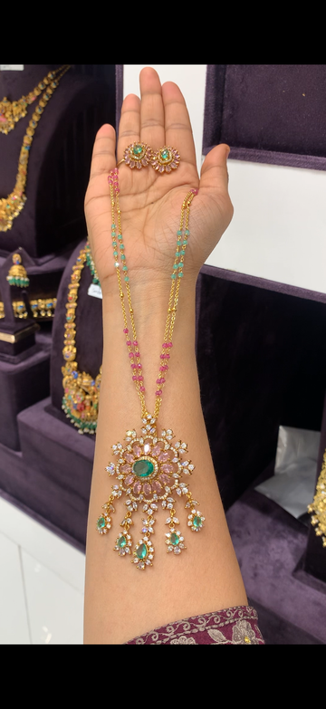 Beautiful Diamond Replica pendant set with Chandraharam and crystal beads handmaking chain 18 inchs long