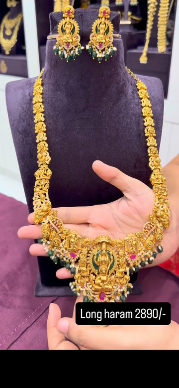 Beautiful Lakshmi devi long haram and pushback earrings with customised beads