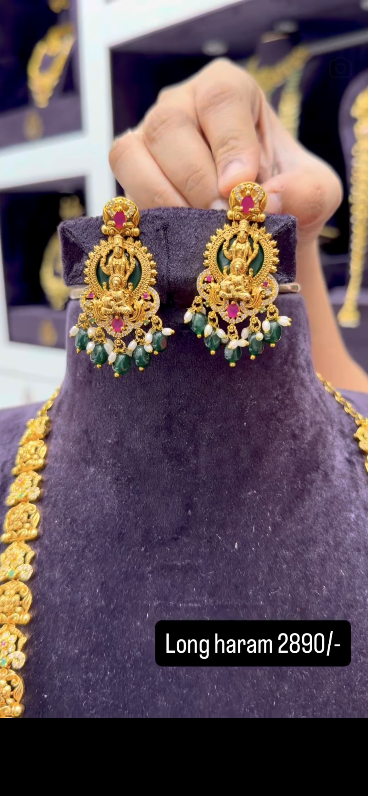 Beautiful Lakshmi devi long haram and pushback earrings with customised beads