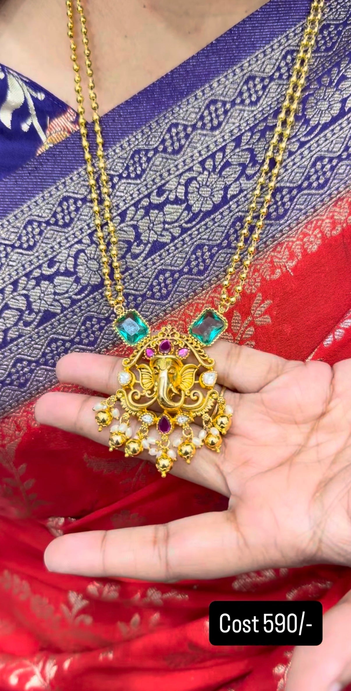 Beautiful Ganesh pendant with 2 layer gold balls chain 24 inchs long