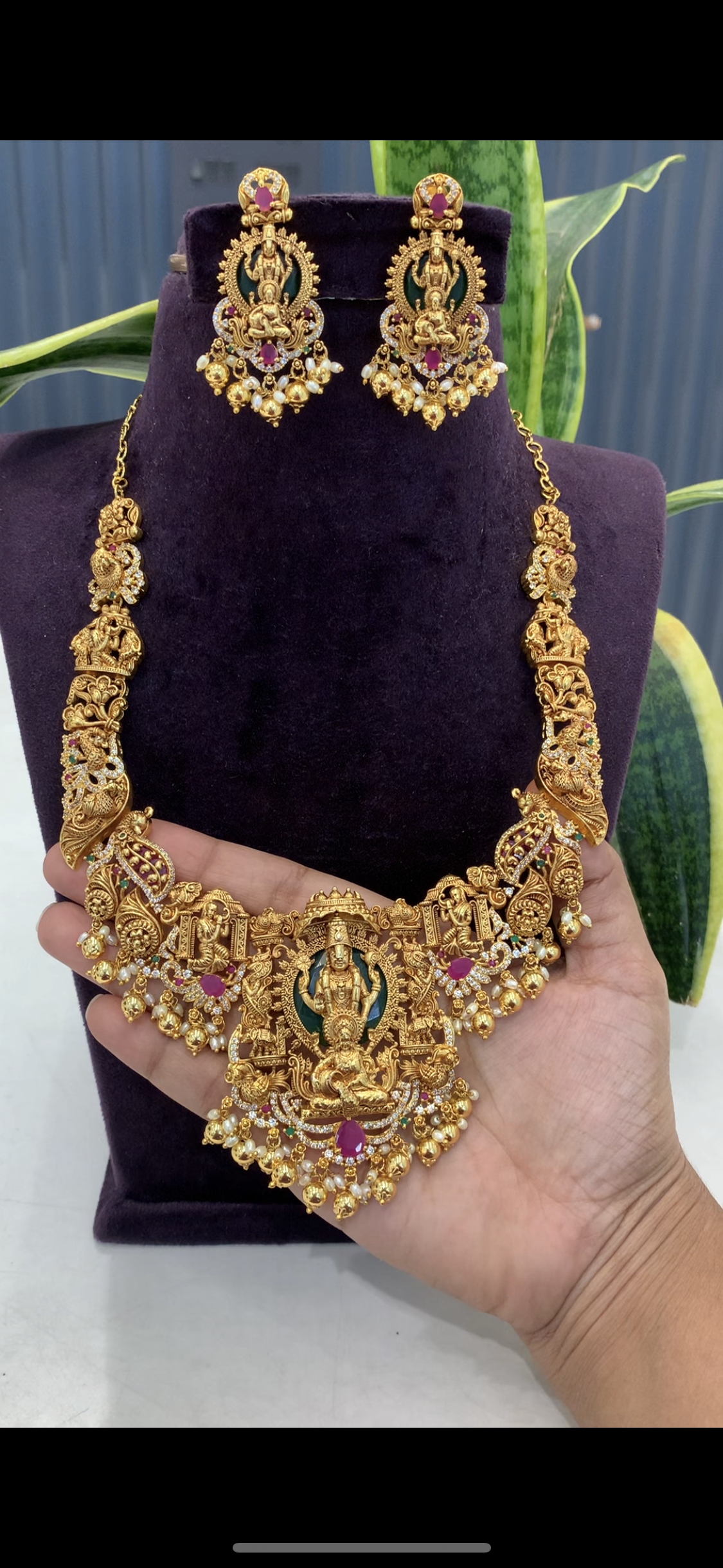 Beautiful Temple jewellery Venkateswara swami and Lakshmi devi gold balls necklace with pushback earrings