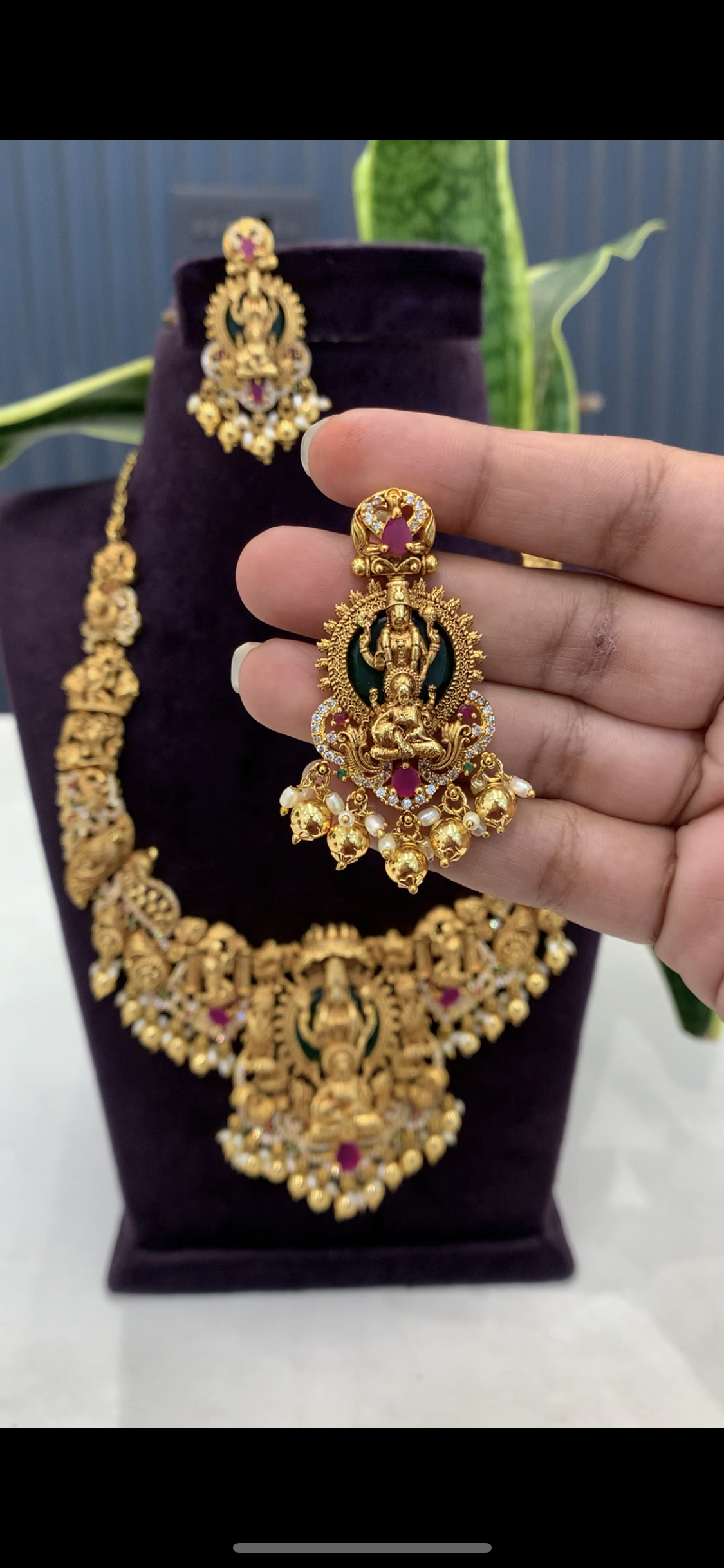 Beautiful Temple jewellery Venkateswara swami and Lakshmi devi gold balls necklace with pushback earrings