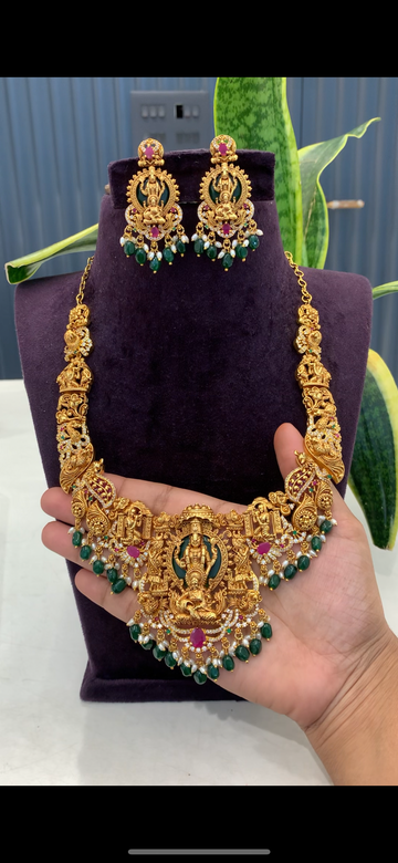 Beautiful Temple jewellery Venkateswara swami and Lakshmi devi green beads necklace with pushback earrings