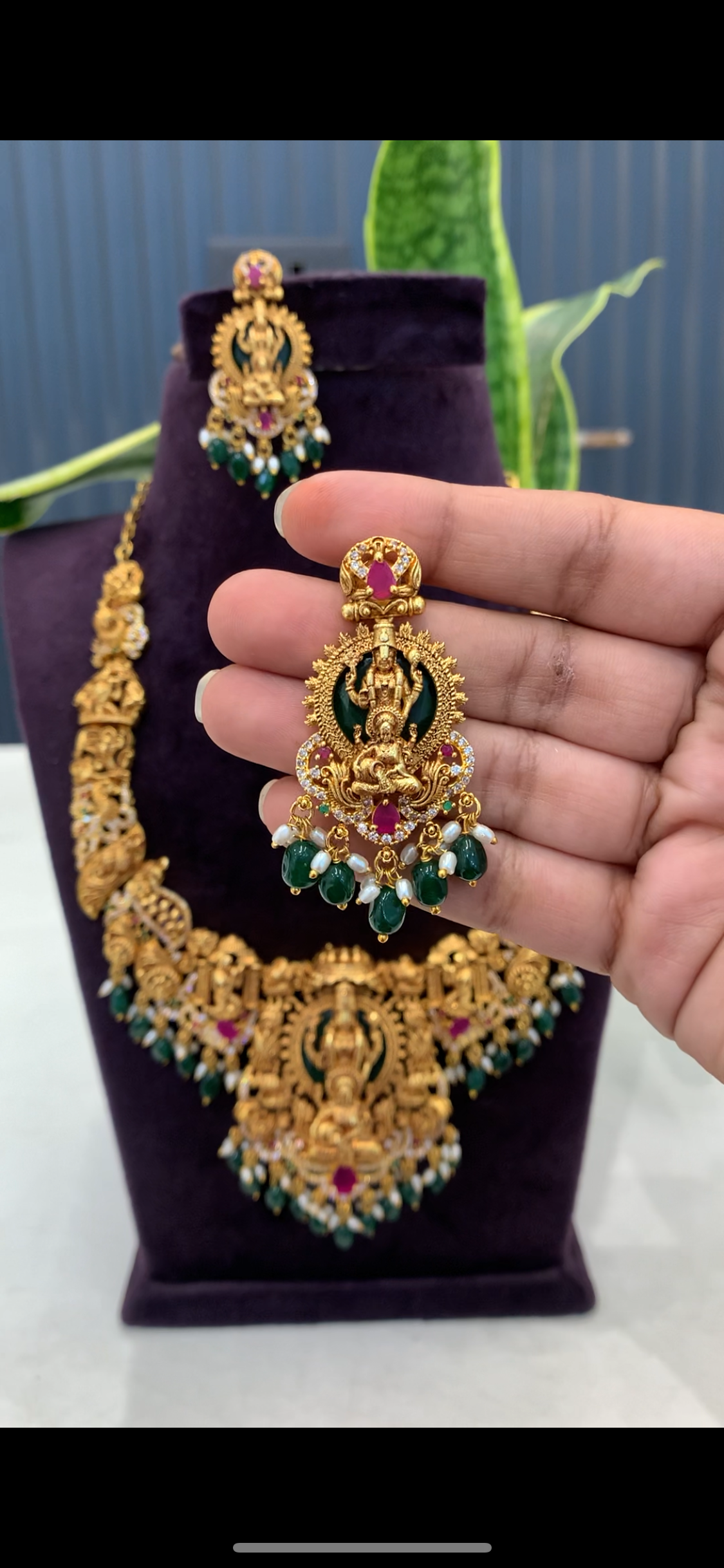 Beautiful Temple jewellery Venkateswara swami and Lakshmi devi green beads necklace with pushback earrings