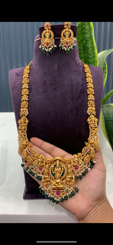 Beautiful Temple jewellery Venkateswara swami and Lakshmi devi green beads haram with pushback earrings