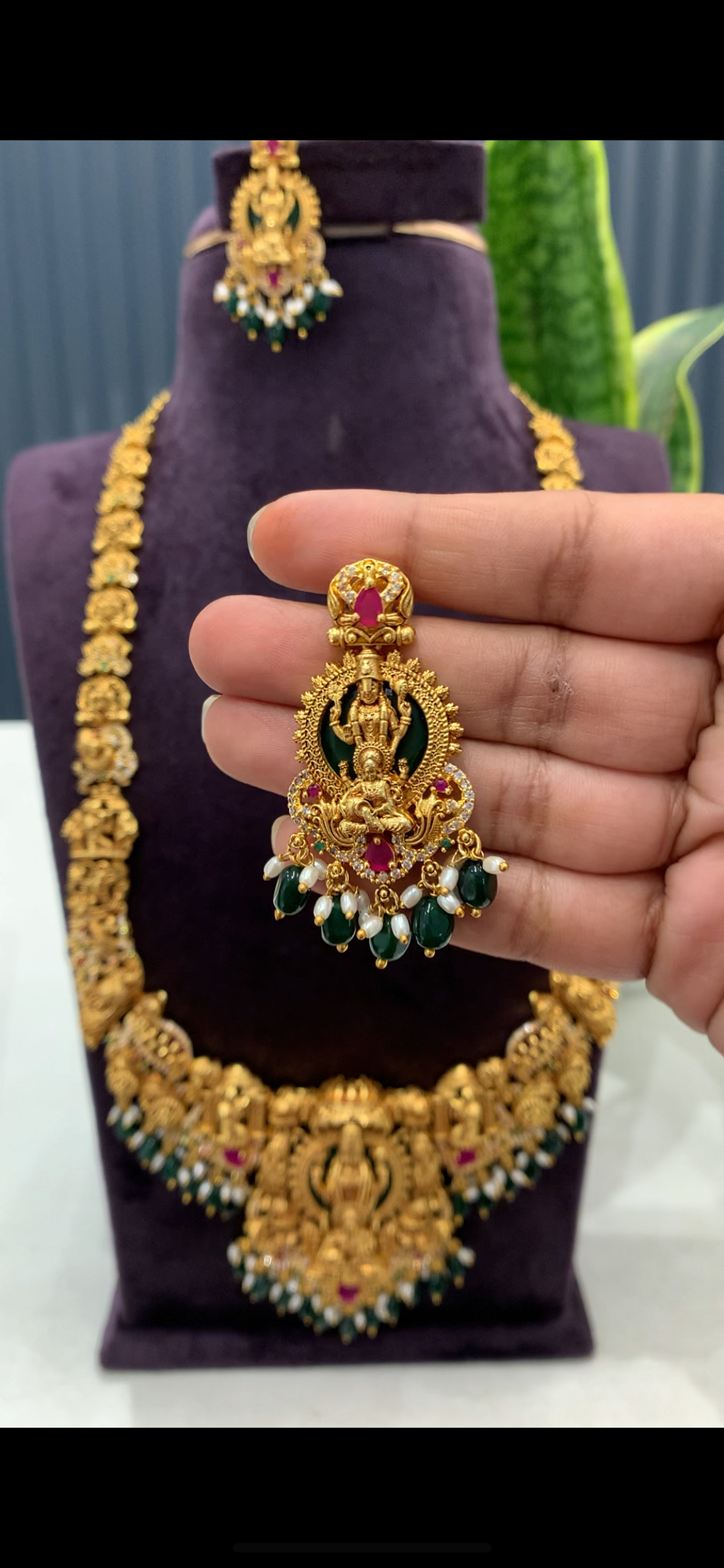 Beautiful Temple jewellery Venkateswara swami and Lakshmi devi green beads haram with pushback earrings