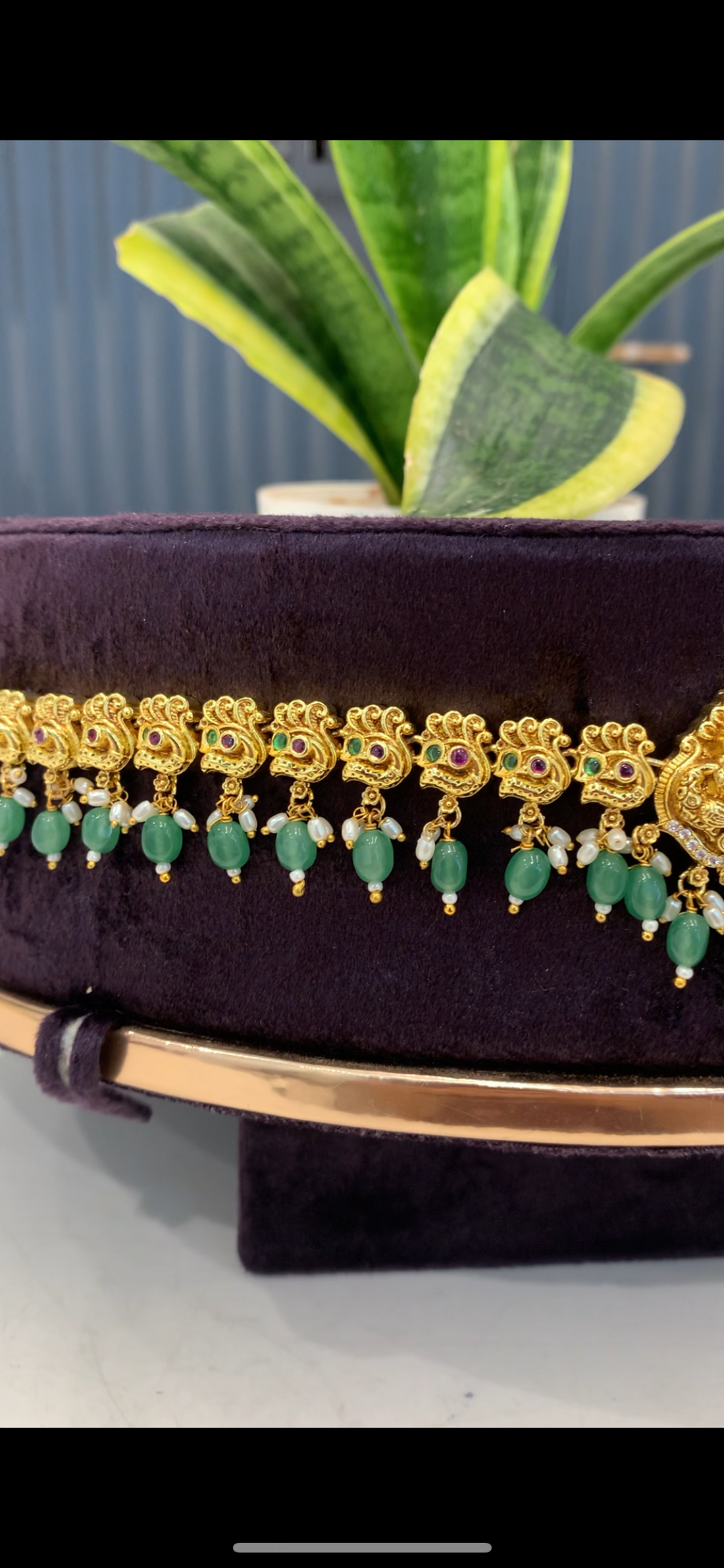 Beautiful Lakshmi devi and peacock design adults chain vaddanam with green beads