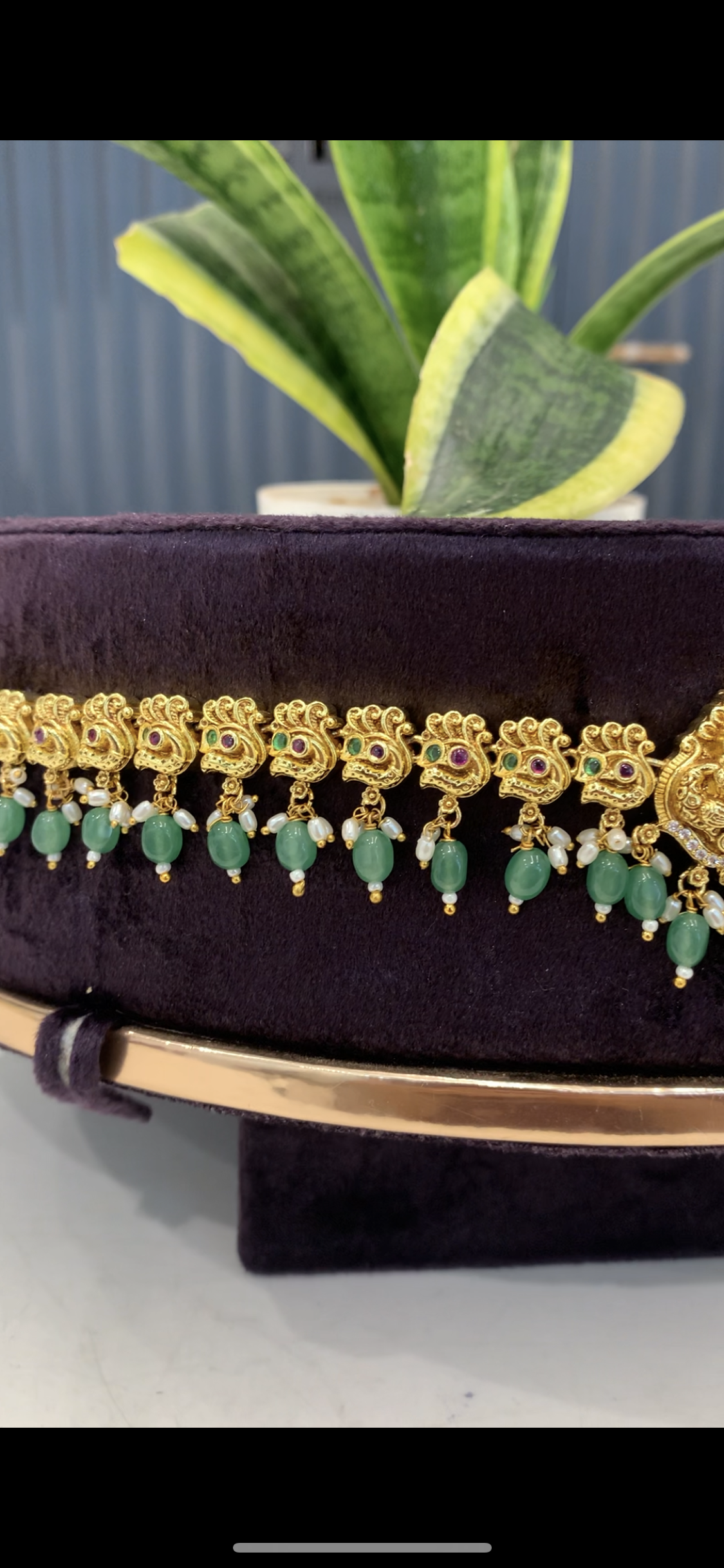 Beautiful Lakshmi devi and peacock design adults chain vaddanam with green beads