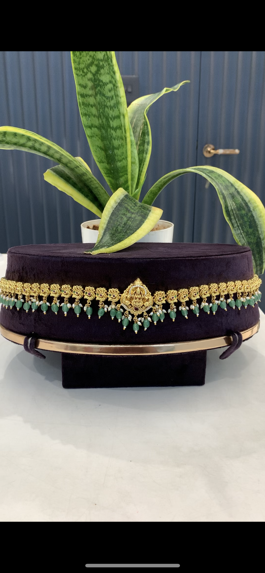 Beautiful Lakshmi devi and peacock design adults chain vaddanam with green beads