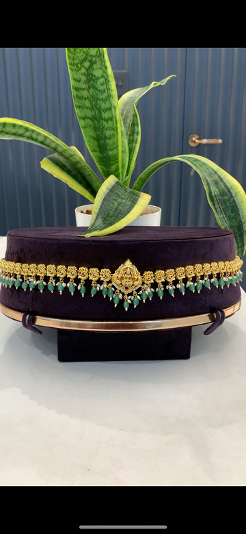 Beautiful Lakshmi devi and peacock design adults chain vaddanam with green beads