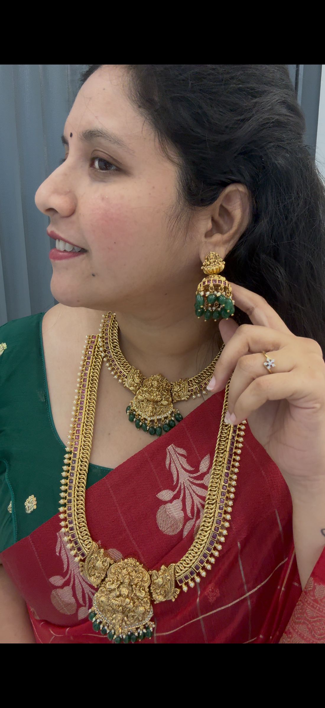 Beautiful pota stone jelebi necklace and haram combo with pushback jumkis