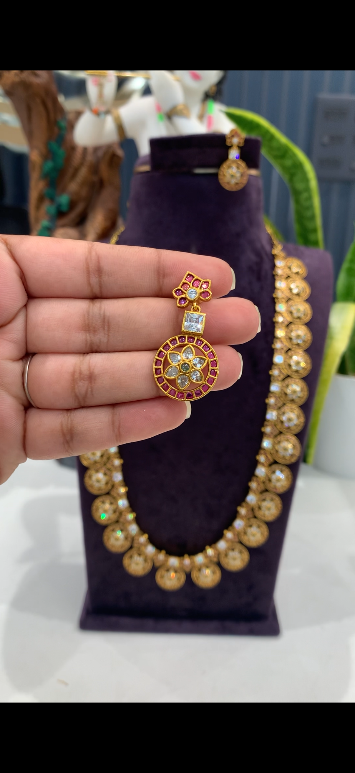 Beautiful pota stone long haram with pushback earrings