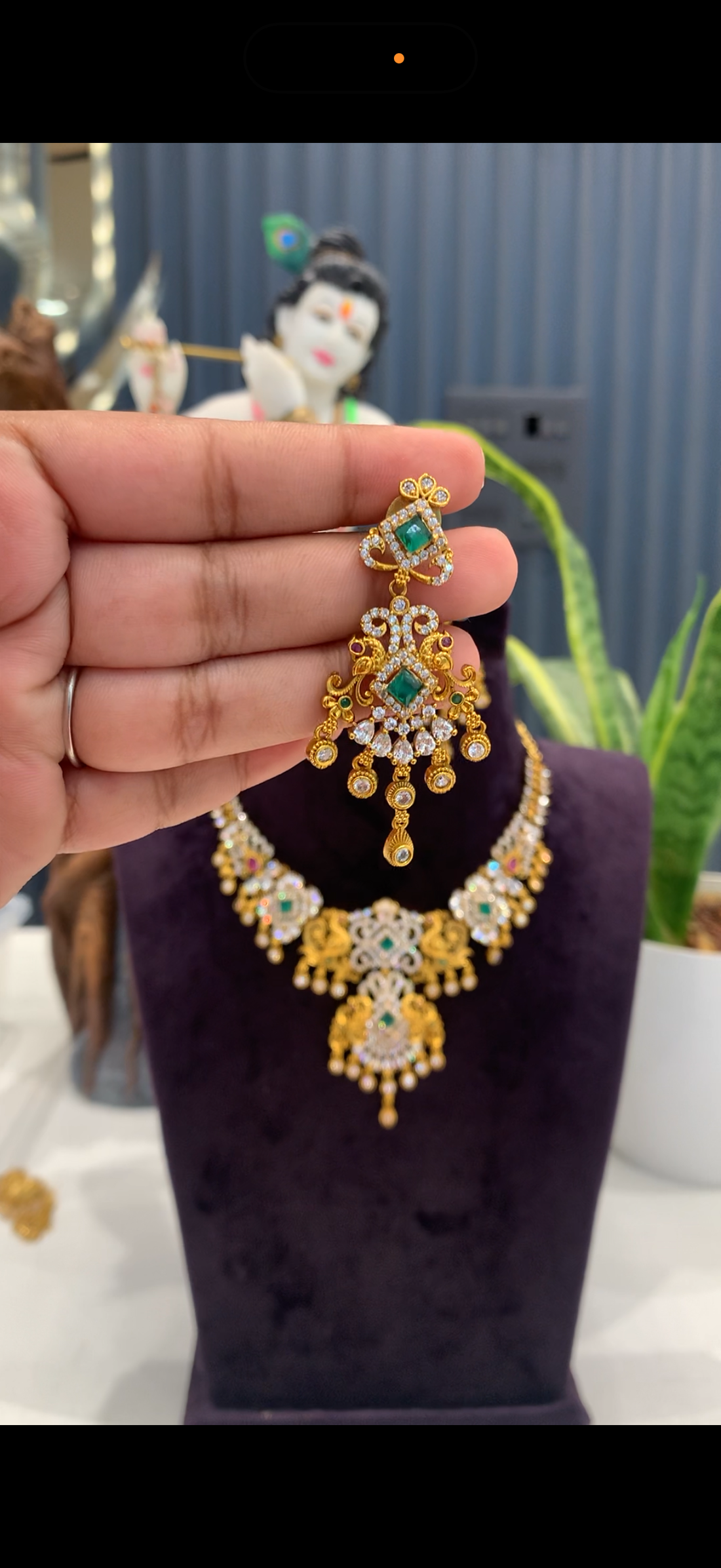 Beautiful white stones and peacock design necklace set with pushback earrings