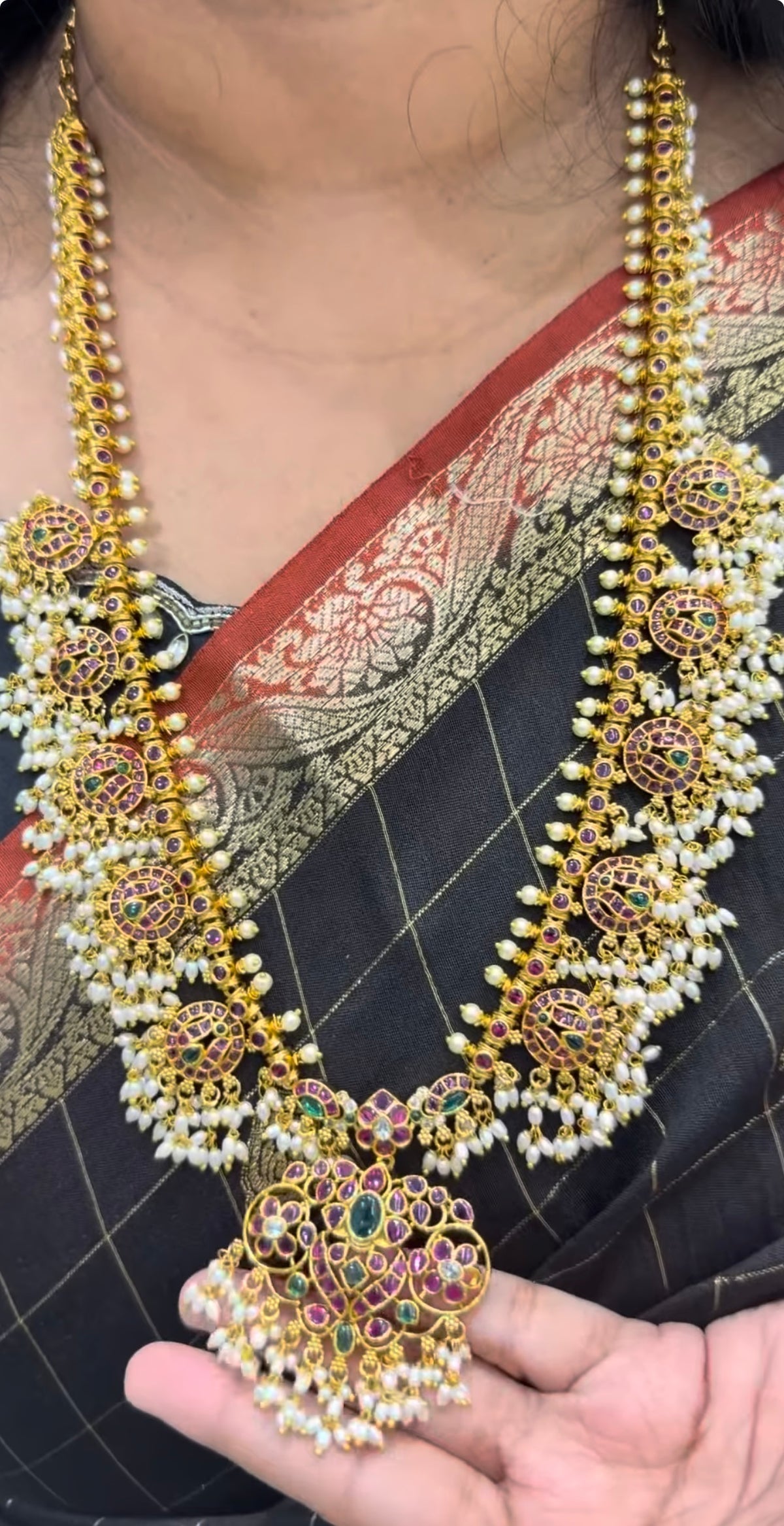 Beautiful pota stone & gutta pusalu long haram with pushback earrings