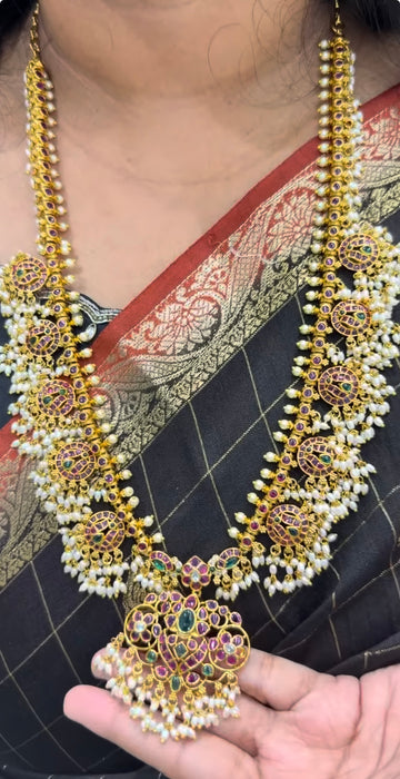 Beautiful pota stone & gutta pusalu long haram with pushback earrings