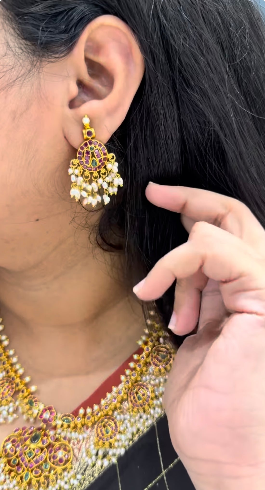 Beautiful pota stone & gutta pusalu long haram with pushback earrings