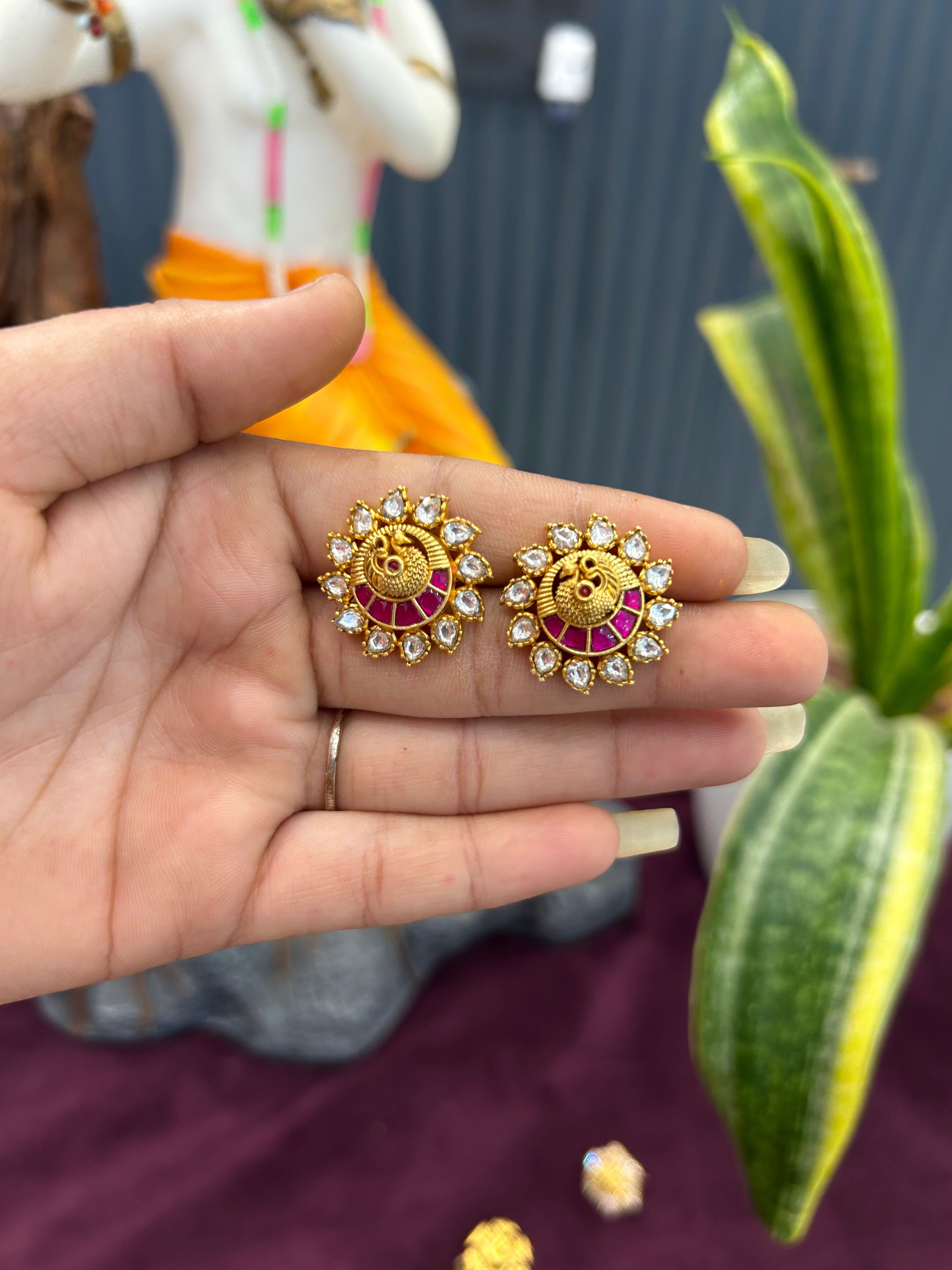 Beautiful jadau stone & peacock design studs with pushback