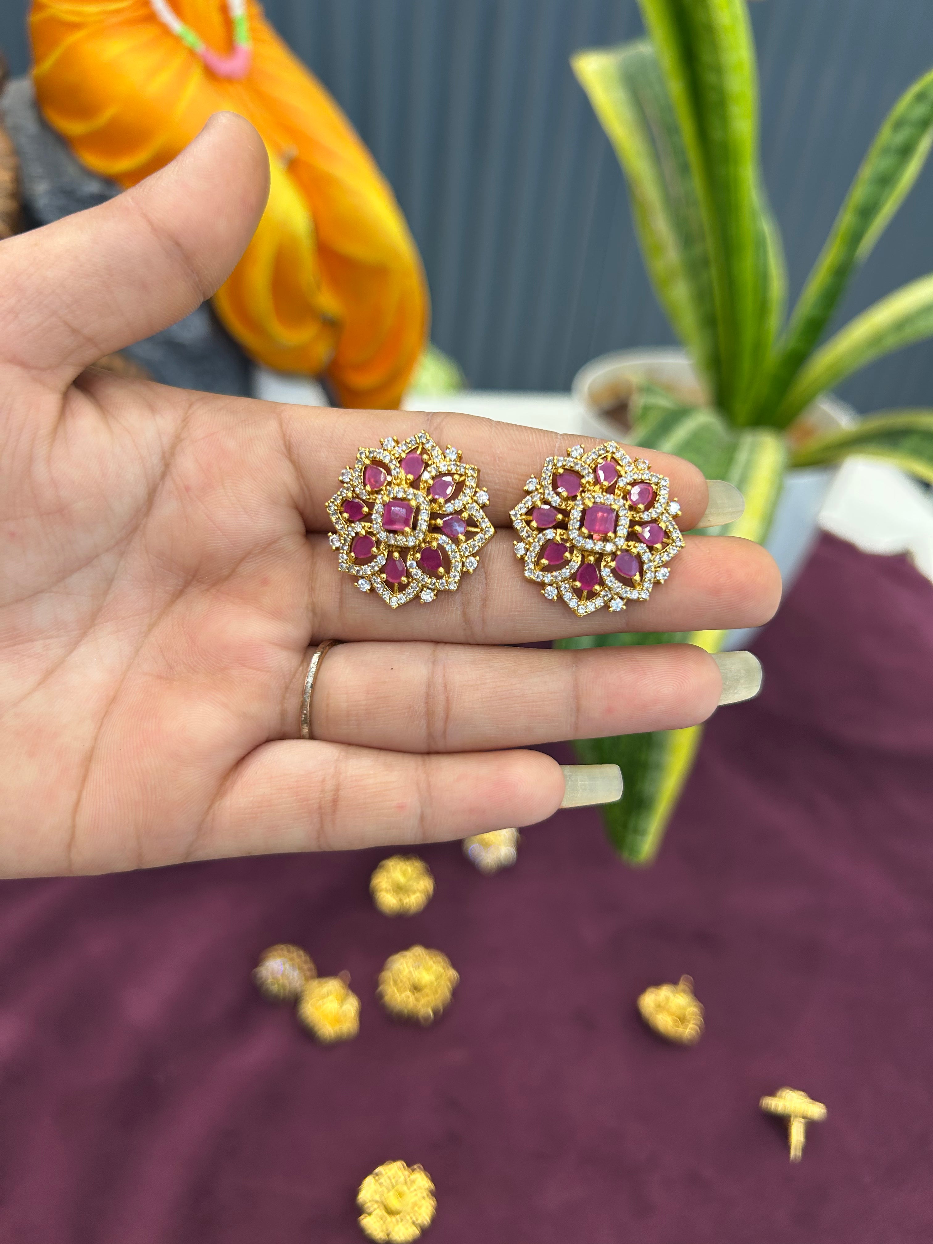 Beautiful ruby & white CZ stones studs with pushback
