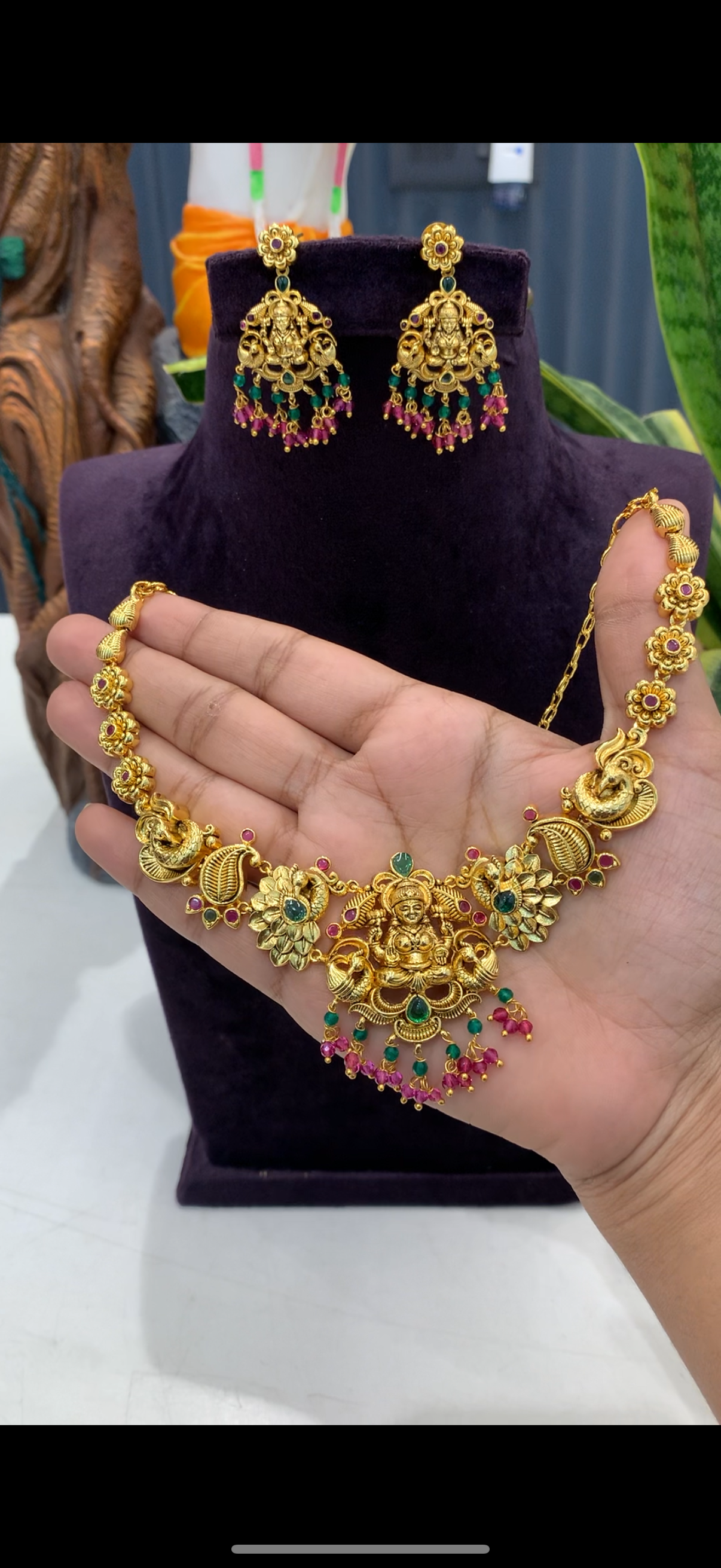 Beautiful Lakshmi devi and peacock design necklace with pushback earrings