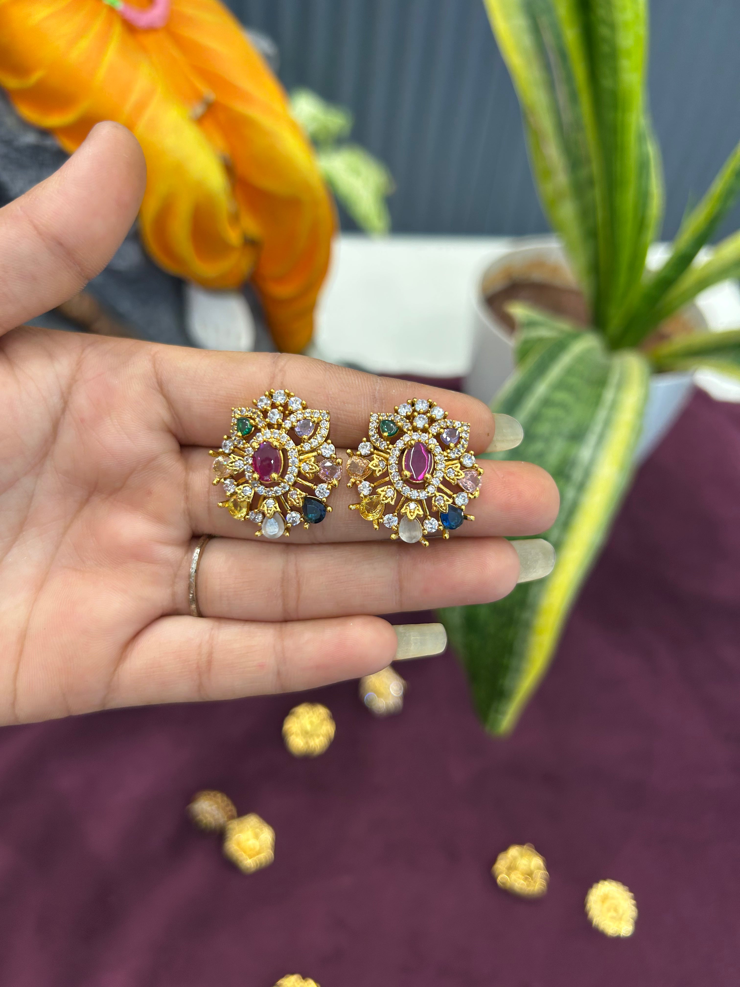 Beautiful Navarathna stone studs with pushback